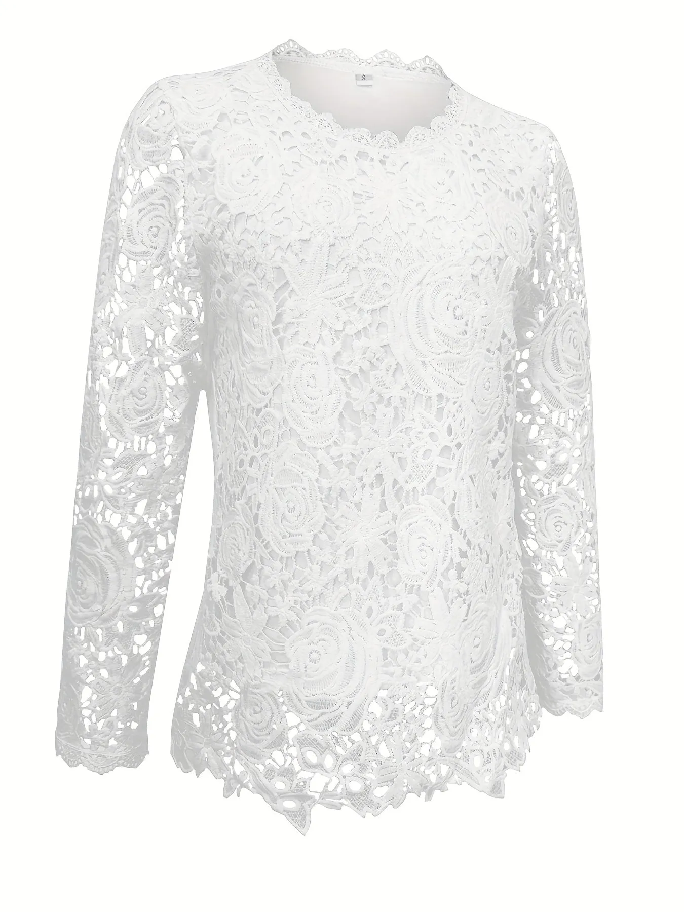 Guipure Lace Scallop Trim T-shirt, Elegant Long Sleeve for Spring/Fall.