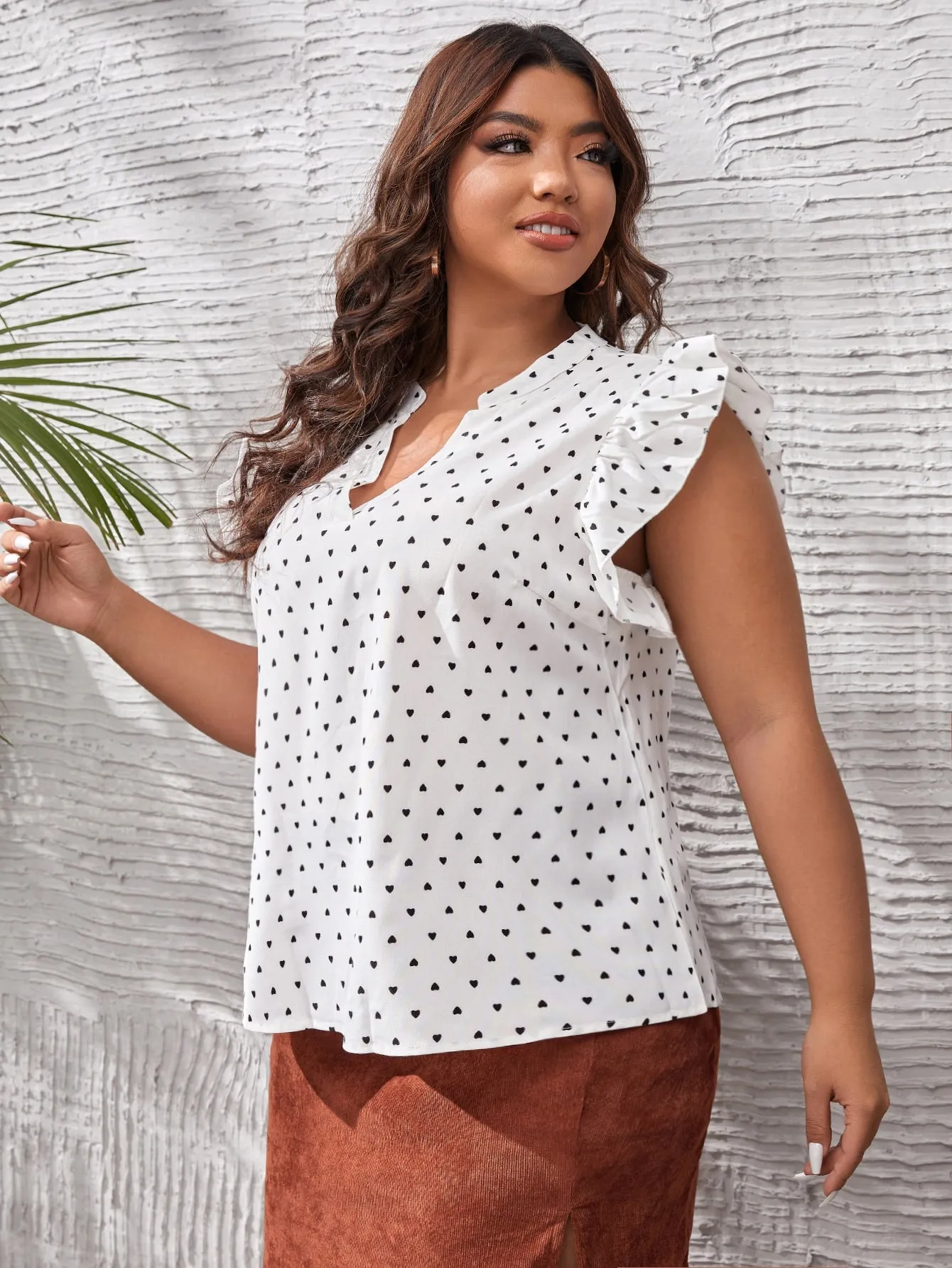 Heart Ruffle Cap Sleeve Notched Regular Plus Size Blouse