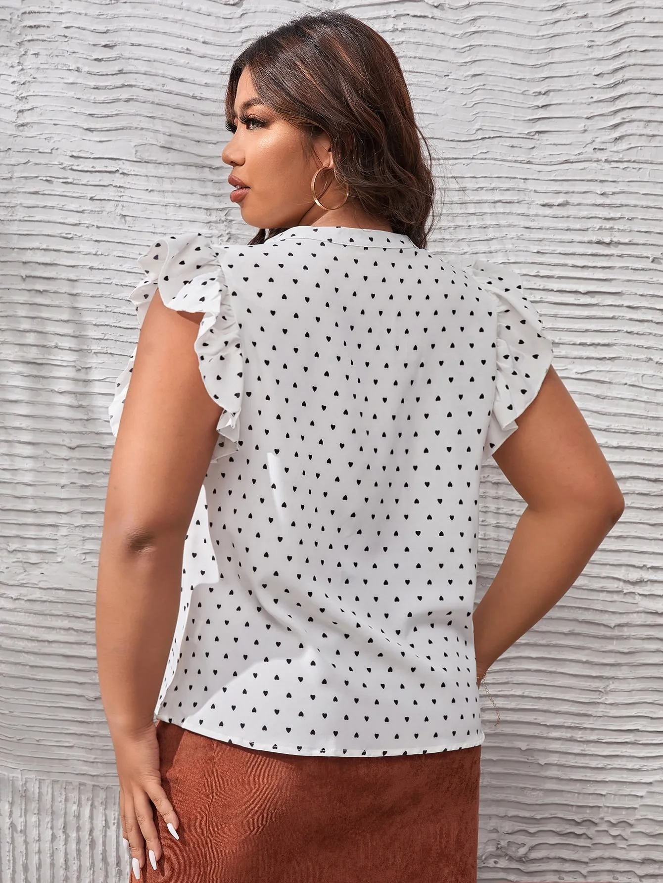Heart Ruffle Cap Sleeve Notched Regular Plus Size Blouse