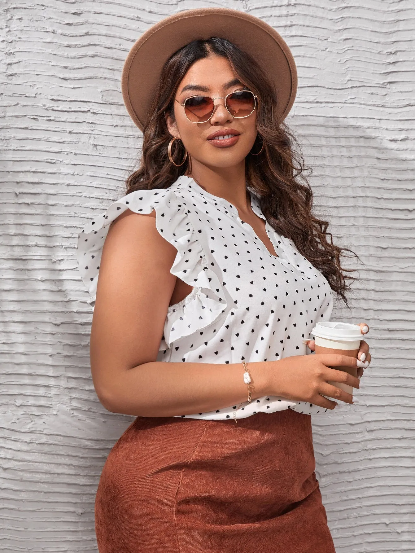 Heart Ruffle Cap Sleeve Notched Regular Plus Size Blouse