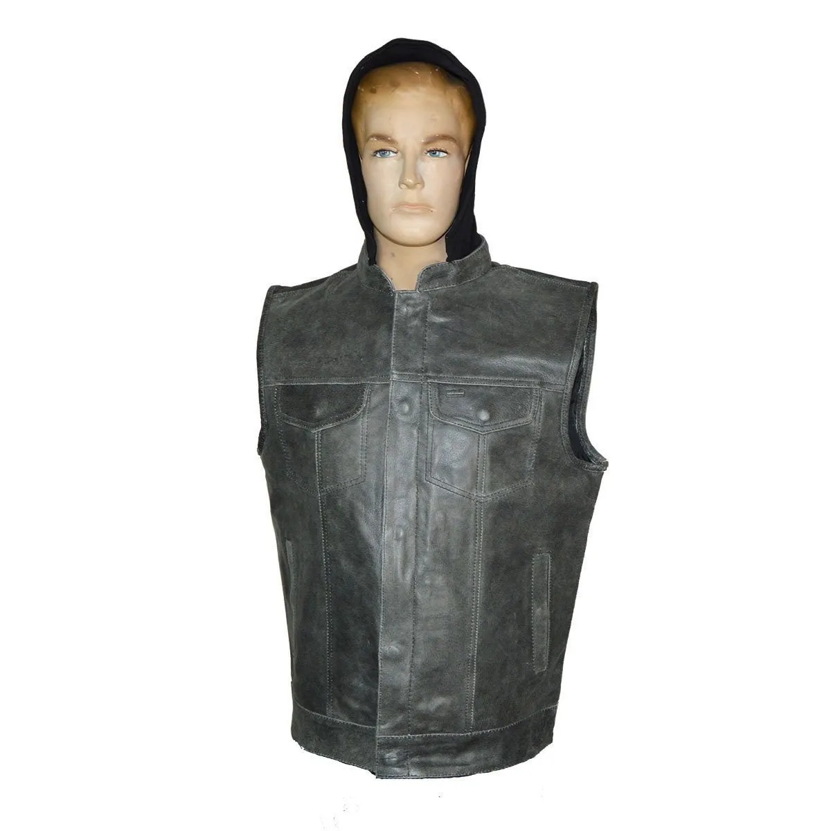 High Mileage Mens Premium Cowhide Distressed Gray SOA Style Biker Club Leather Motorcycle Vest With Hoodie