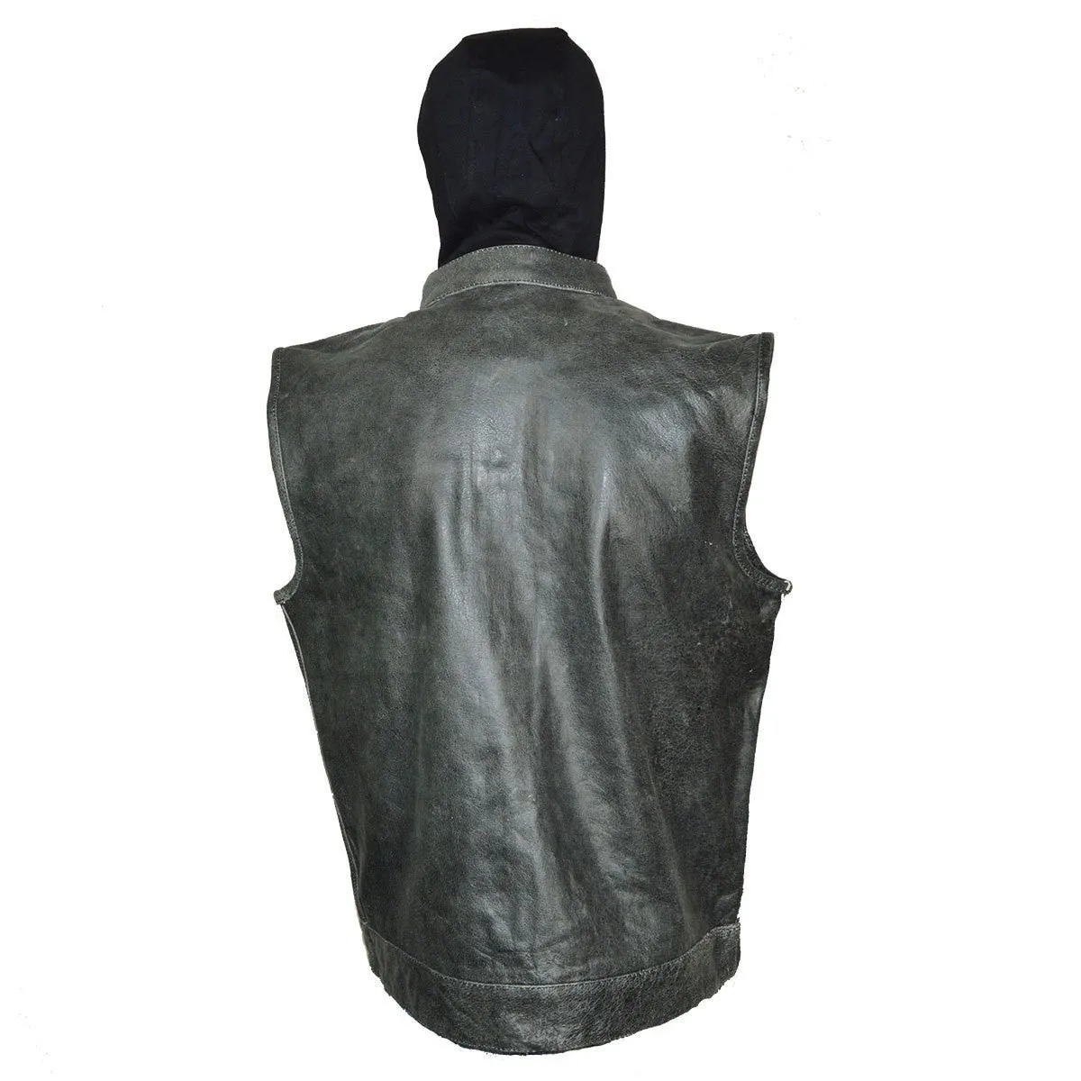 High Mileage Mens Premium Cowhide Distressed Gray SOA Style Biker Club Leather Motorcycle Vest With Hoodie