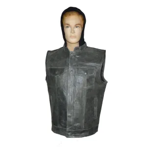 High Mileage Mens Premium Cowhide Distressed Gray SOA Style Biker Club Leather Motorcycle Vest With Hoodie