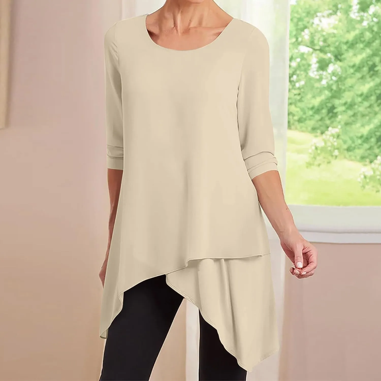 jovati Women's Casual Round Neck T-shirt Fashion Versatile Solid Long Sleeved Pullover Tops Loose Comfy Elegant Blouse