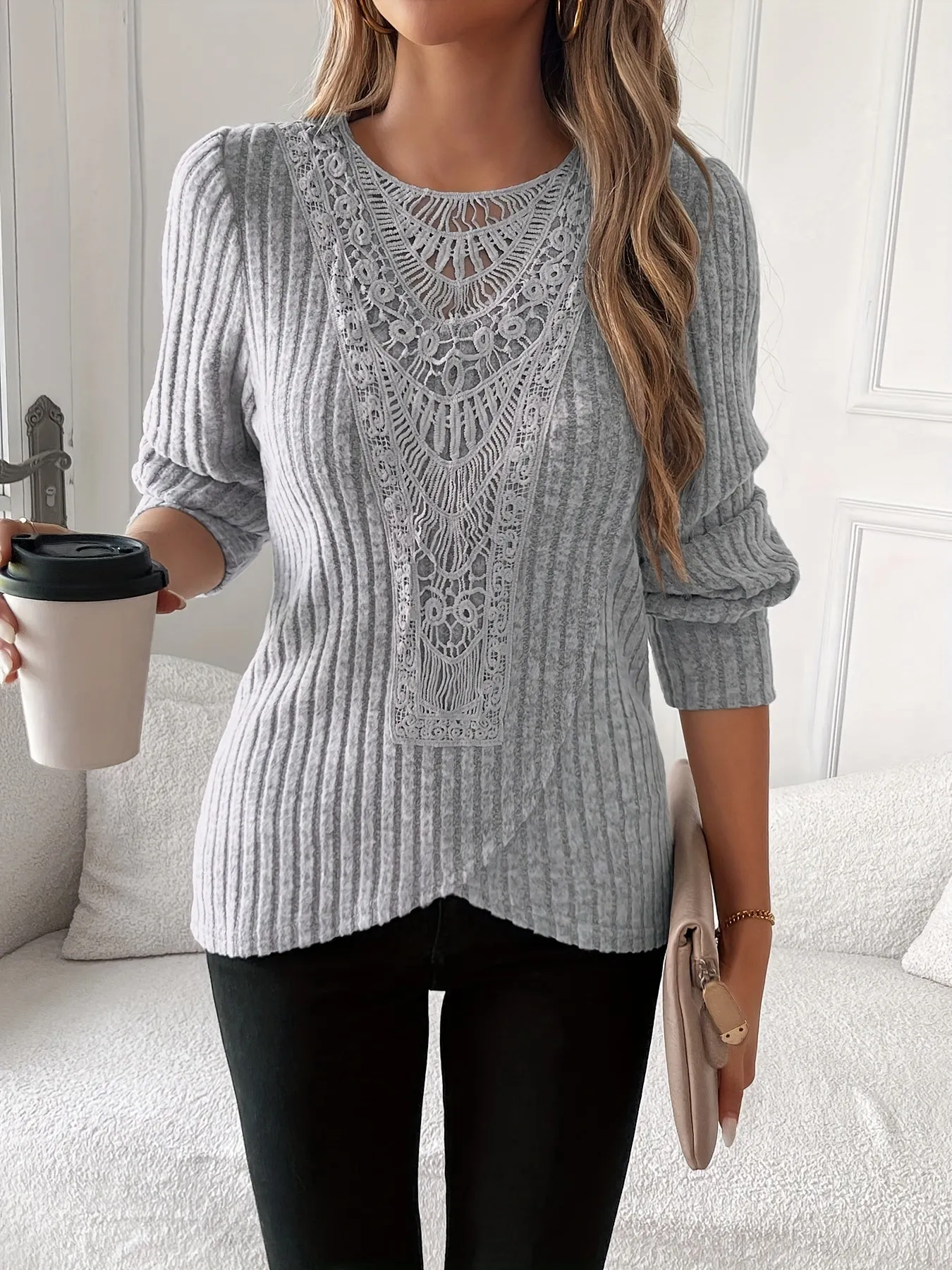 Lace Splicing Crew Neck T-shirt, Long Sleeve Cross Front Top.