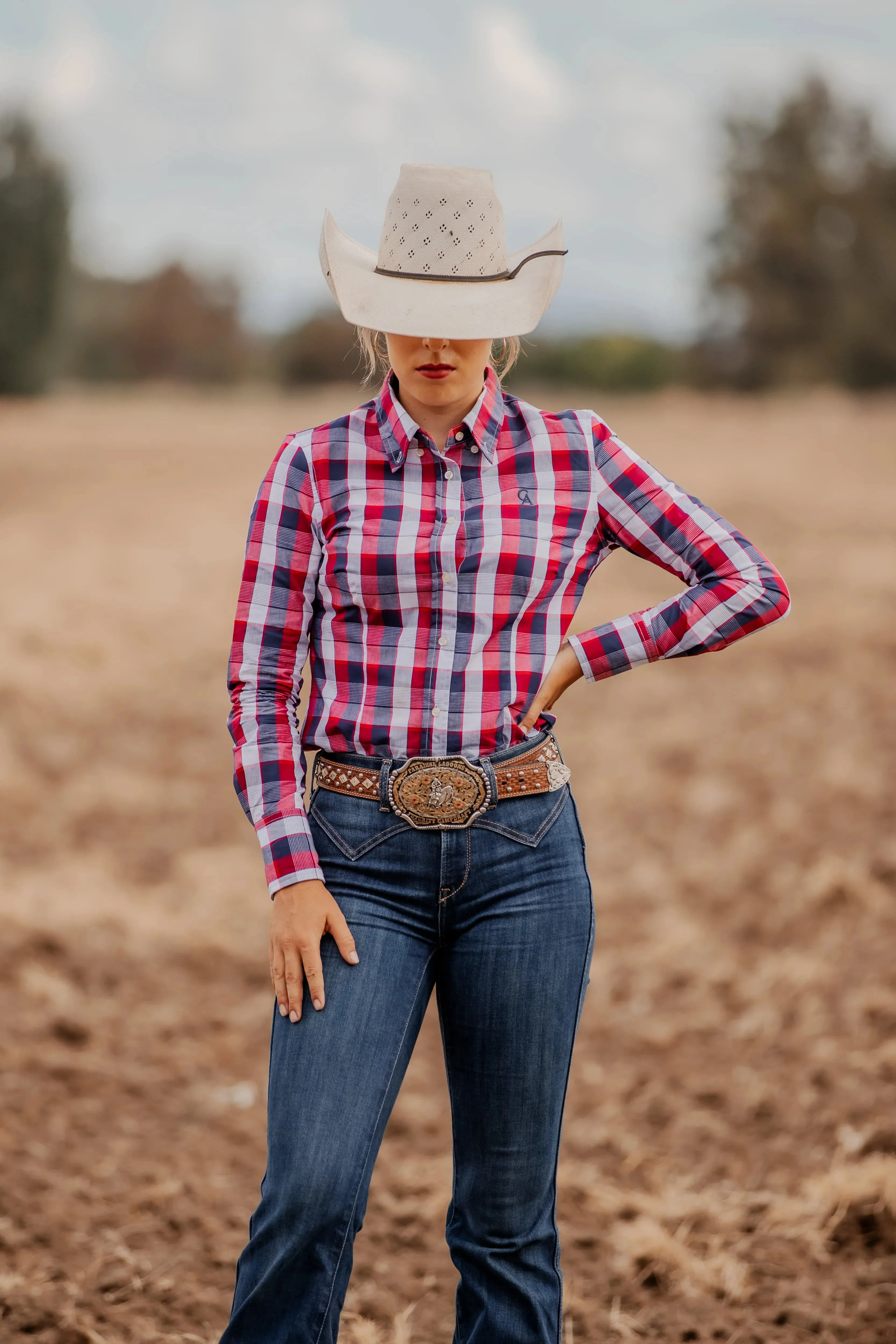 Ladies Slim Fit Long Sleeve Shirt Navy/Red/White Plaid