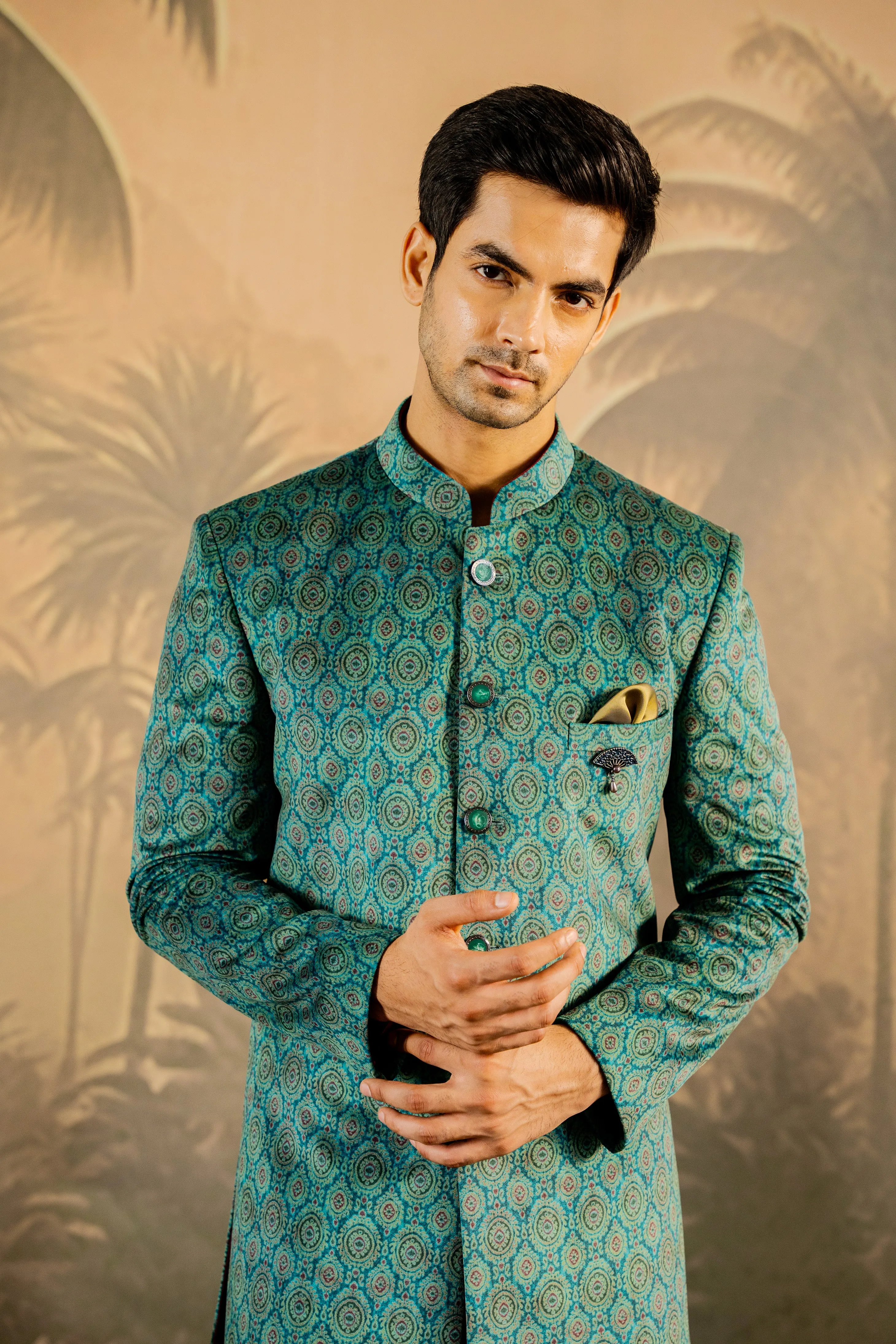 Long Green Printed Velvet bandhgala