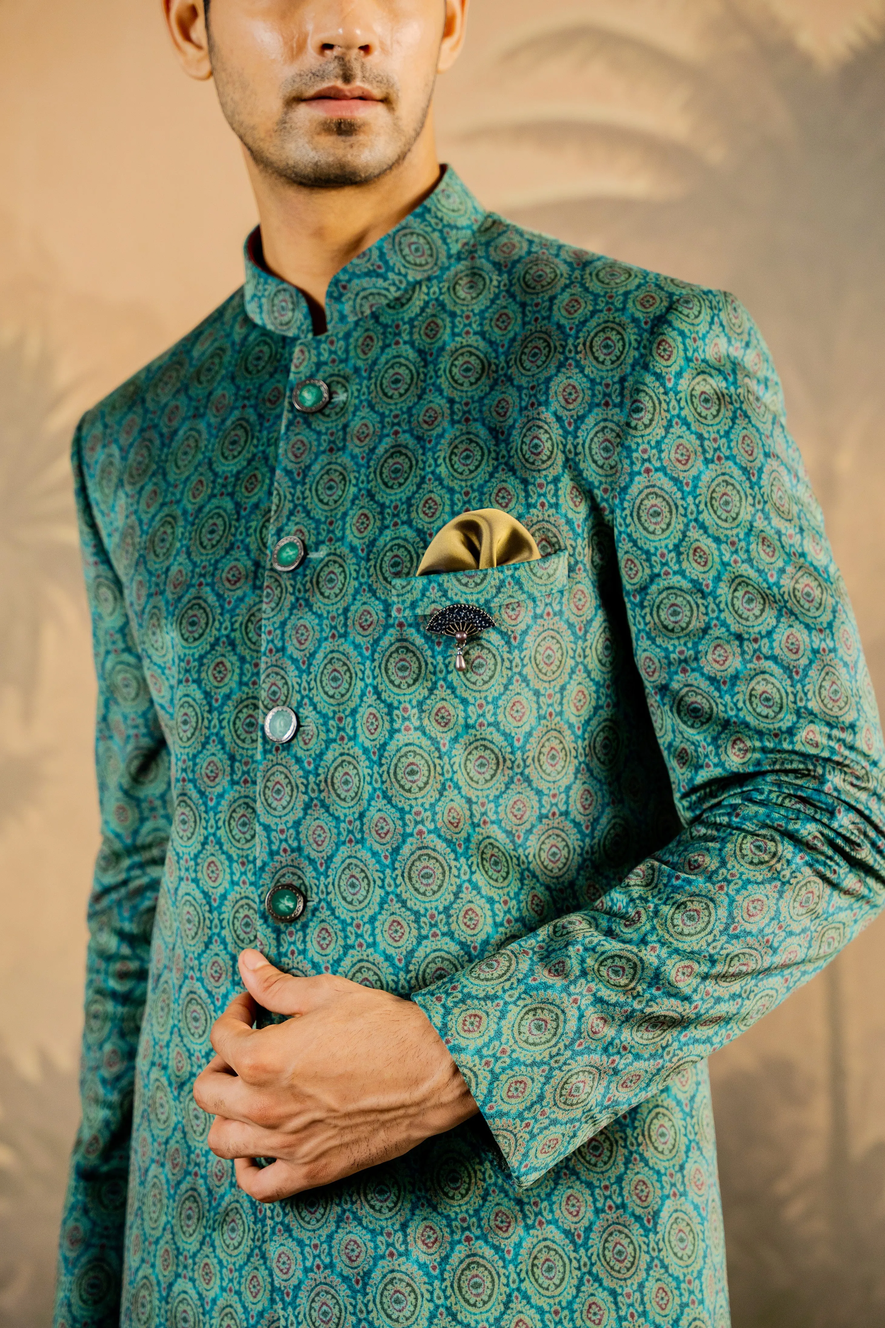 Long Green Printed Velvet bandhgala