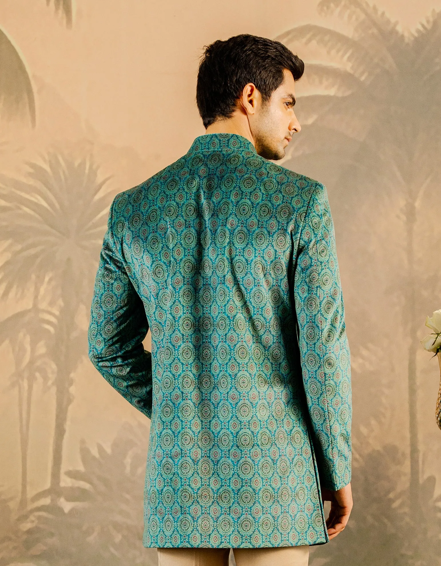 Long Green Printed Velvet bandhgala