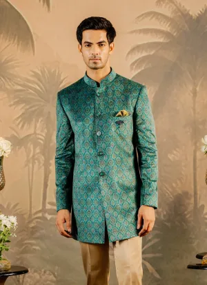 Long Green Printed Velvet bandhgala