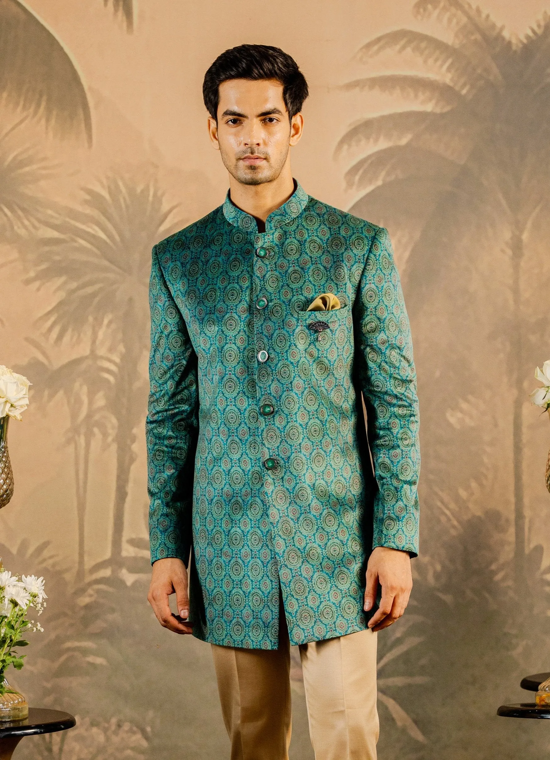 Long Green Printed Velvet bandhgala