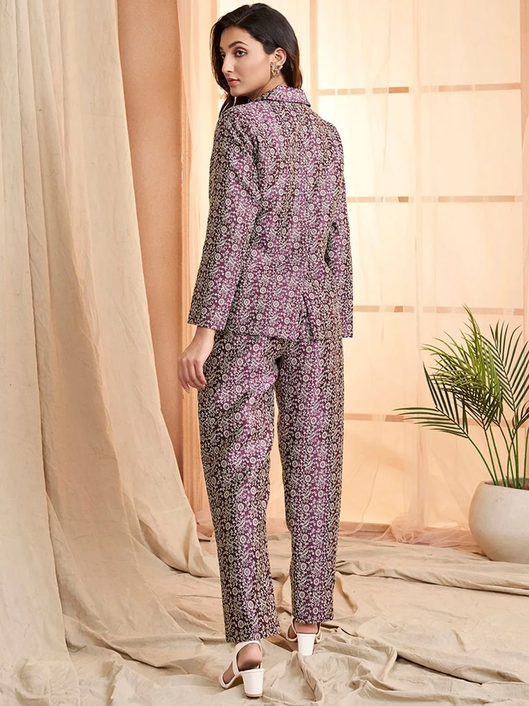 Mauve and beige Floral Woven Design Top & Trousers Ethnic Co-Ords