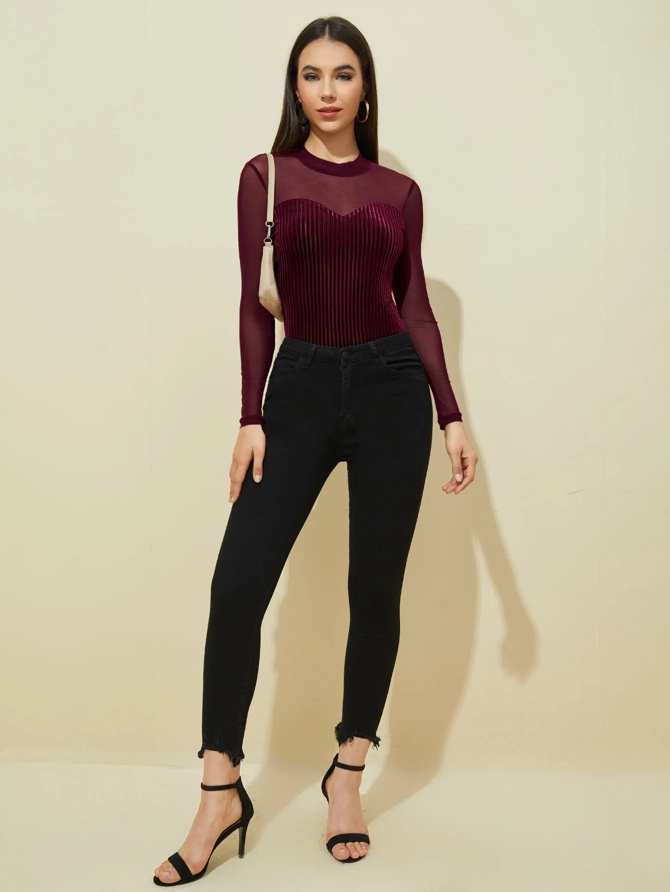 Mesh Yoke & Sleeve Velvet Tee FD