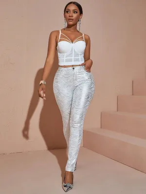 Metallic Silver High Waist Stretchy Zebra Striped Print Trousers