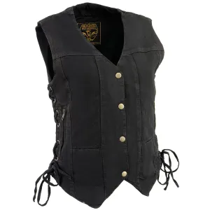 Milwaukee Leather MDL4020 Women's Classic Black 6 Pocket Side Lace Denim Vest