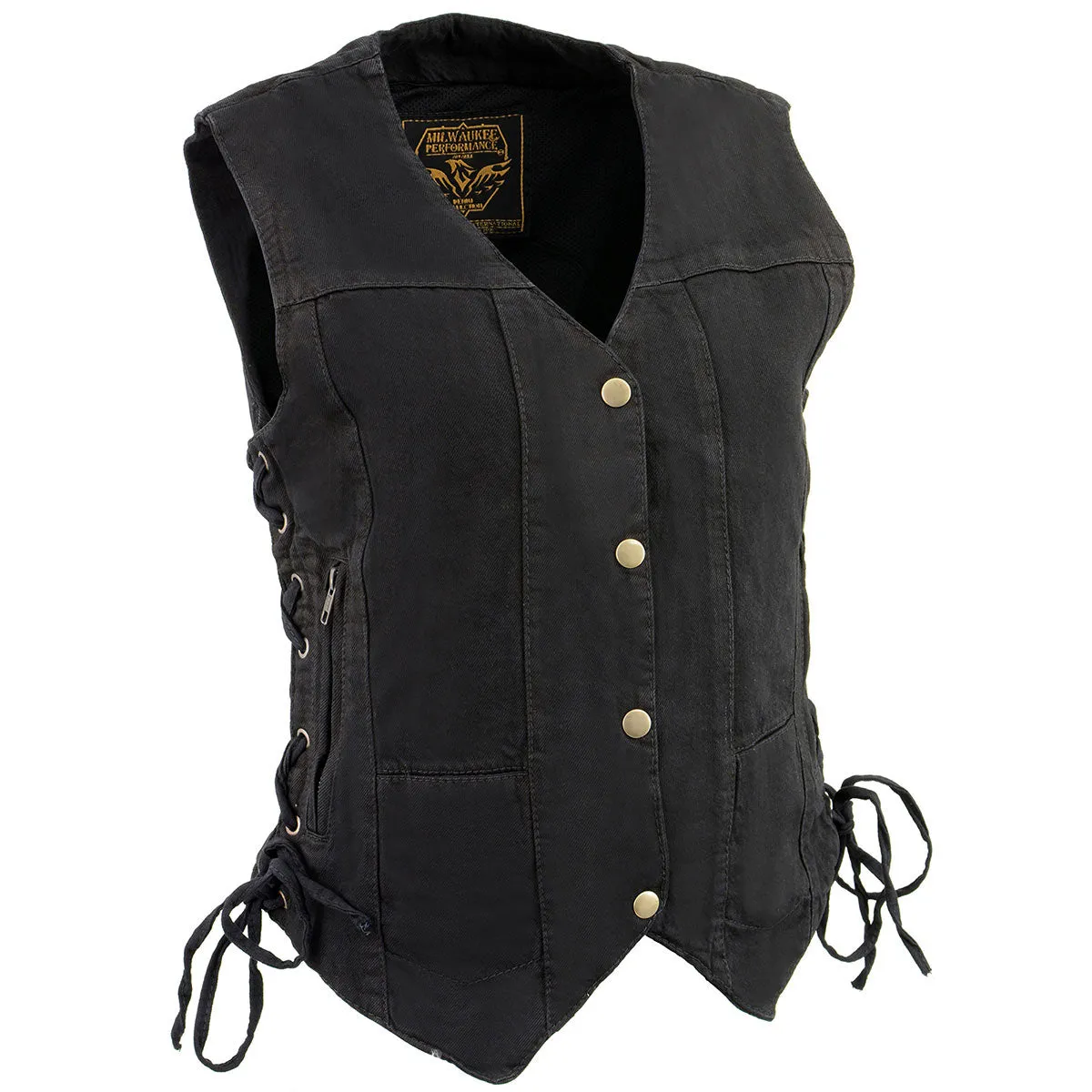 Milwaukee Leather MDL4020 Women's Classic Black 6 Pocket Side Lace Denim Vest