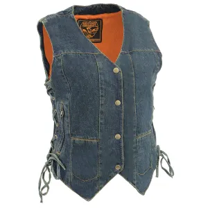 Milwaukee Leather MDL4020 Women's Classic Blue 6 Pocket Side Lace Denim Vest