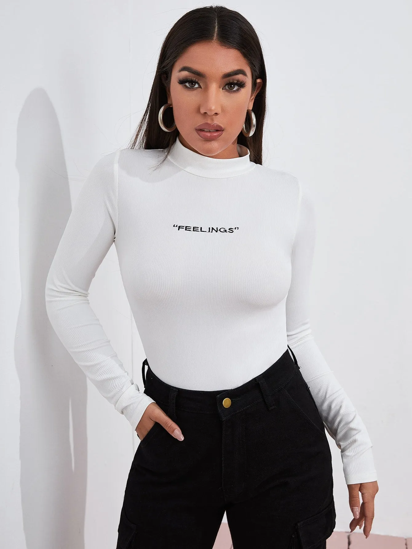 Mock Neck Letter Embroidered Rib-knit Tee