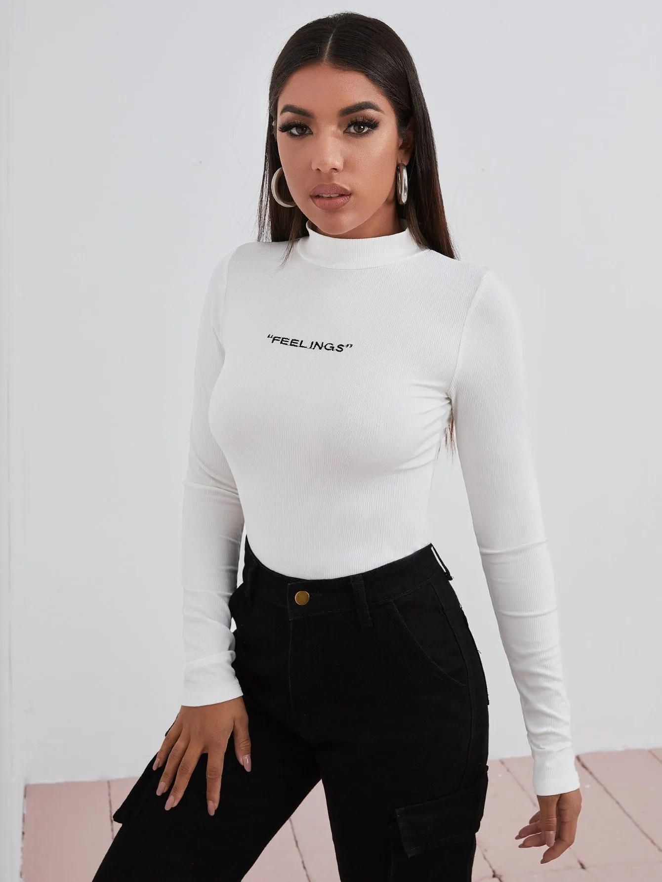 Mock Neck Letter Embroidered Rib-knit Tee