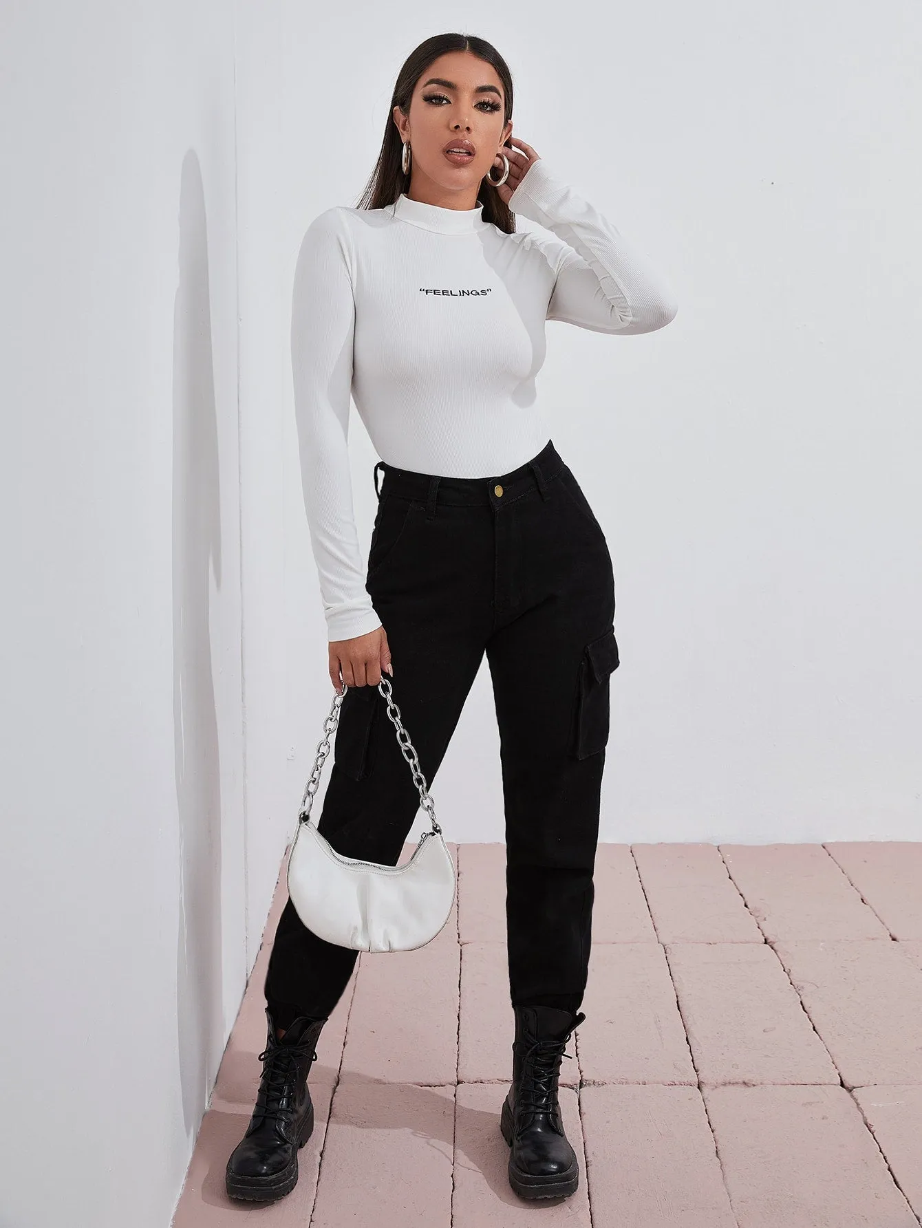 Mock Neck Letter Embroidered Rib-knit Tee