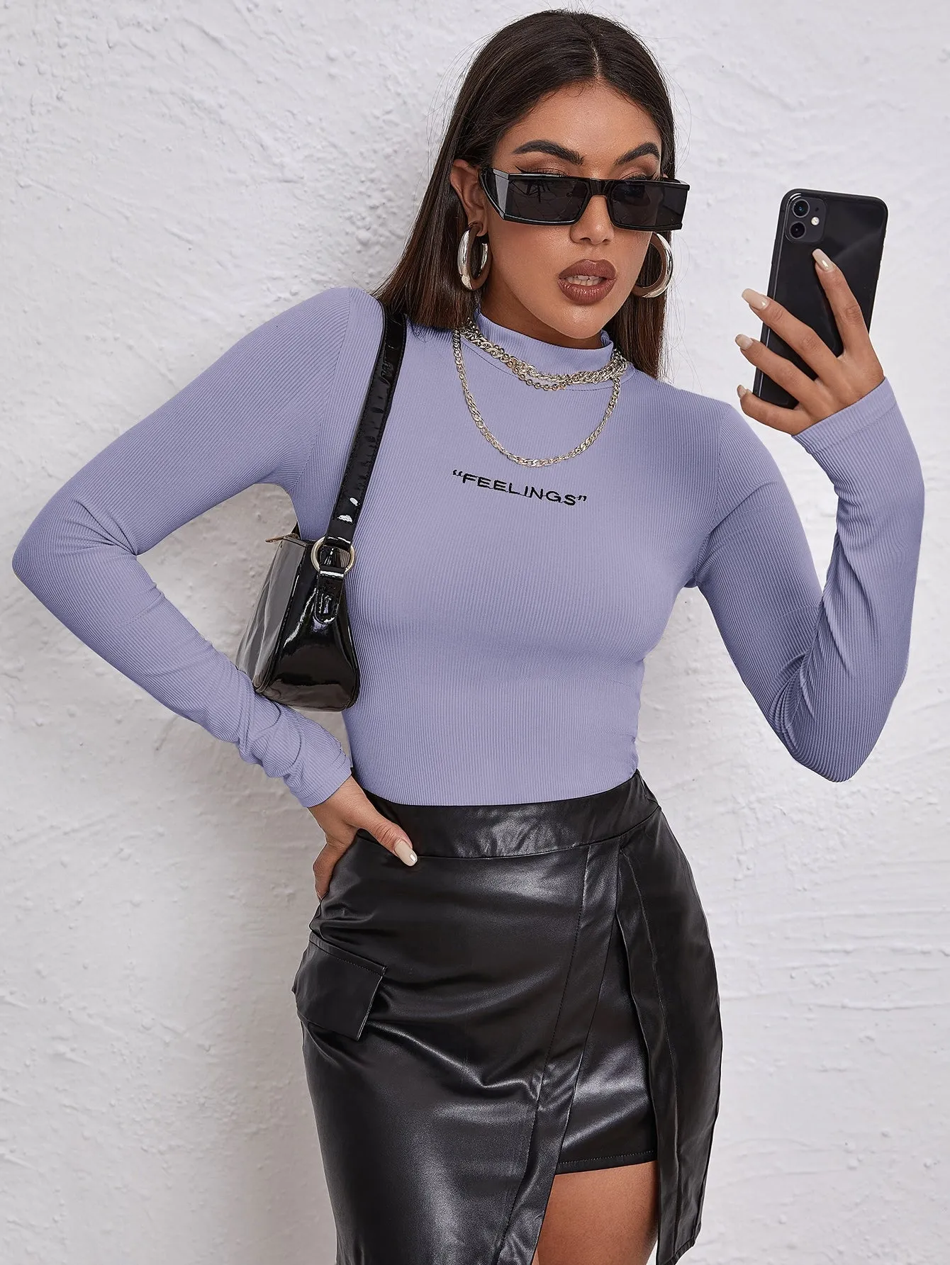 Mock Neck Letter Embroidered Rib-knit Tee