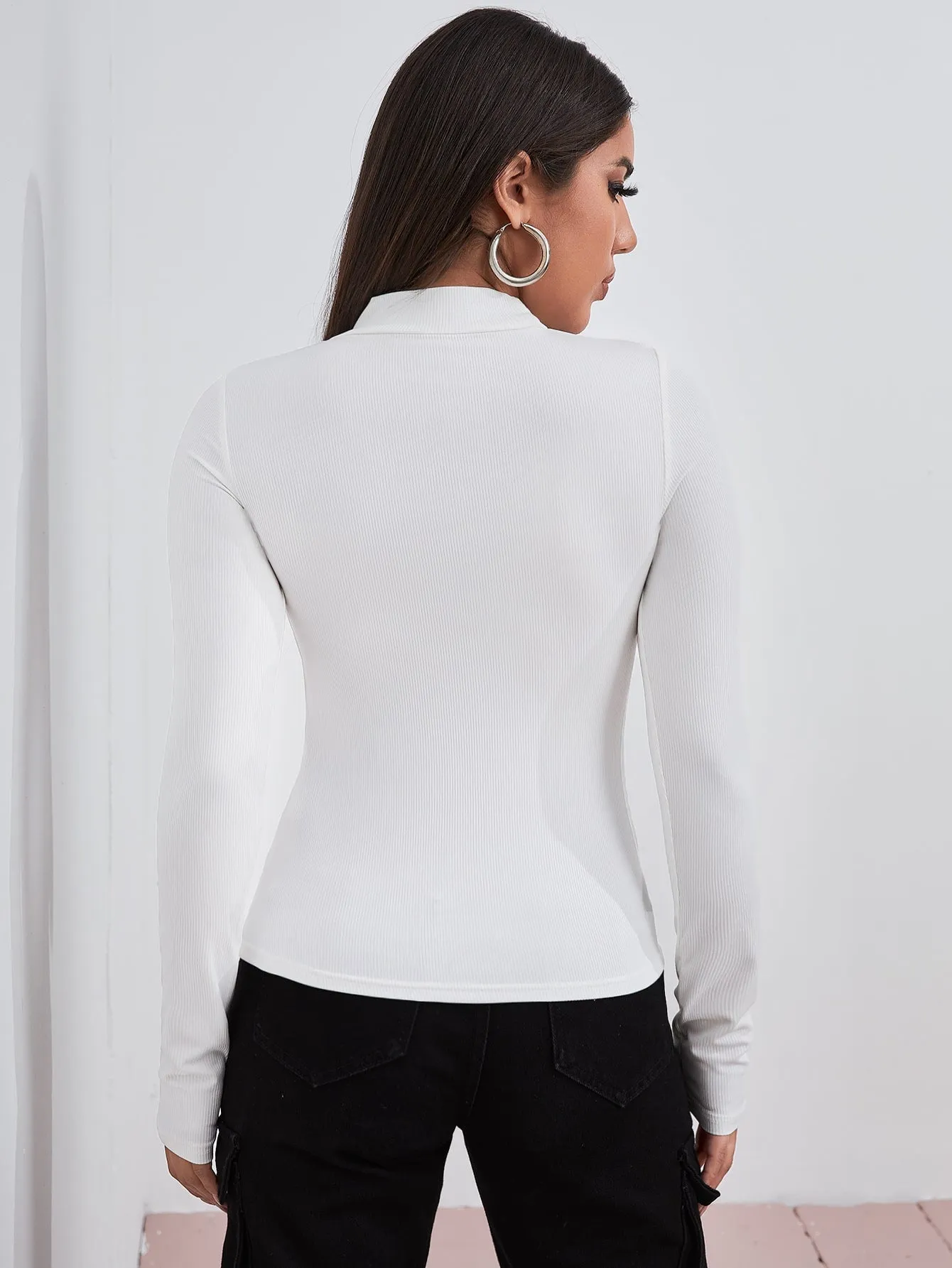 Mock Neck Letter Embroidered Rib-knit Tee