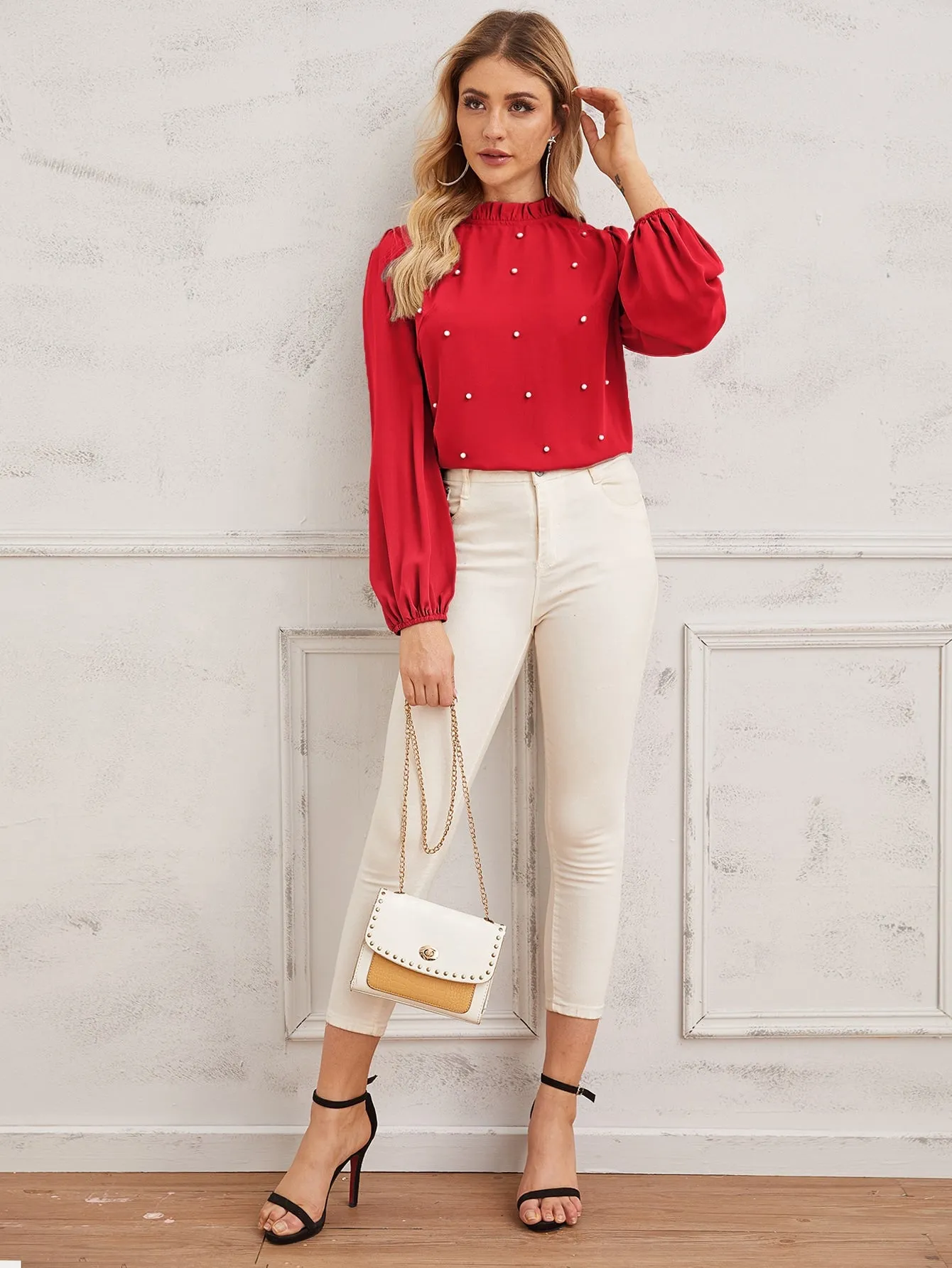 Pearl Beaded Frilled Neckline Lantern Sleeve Top