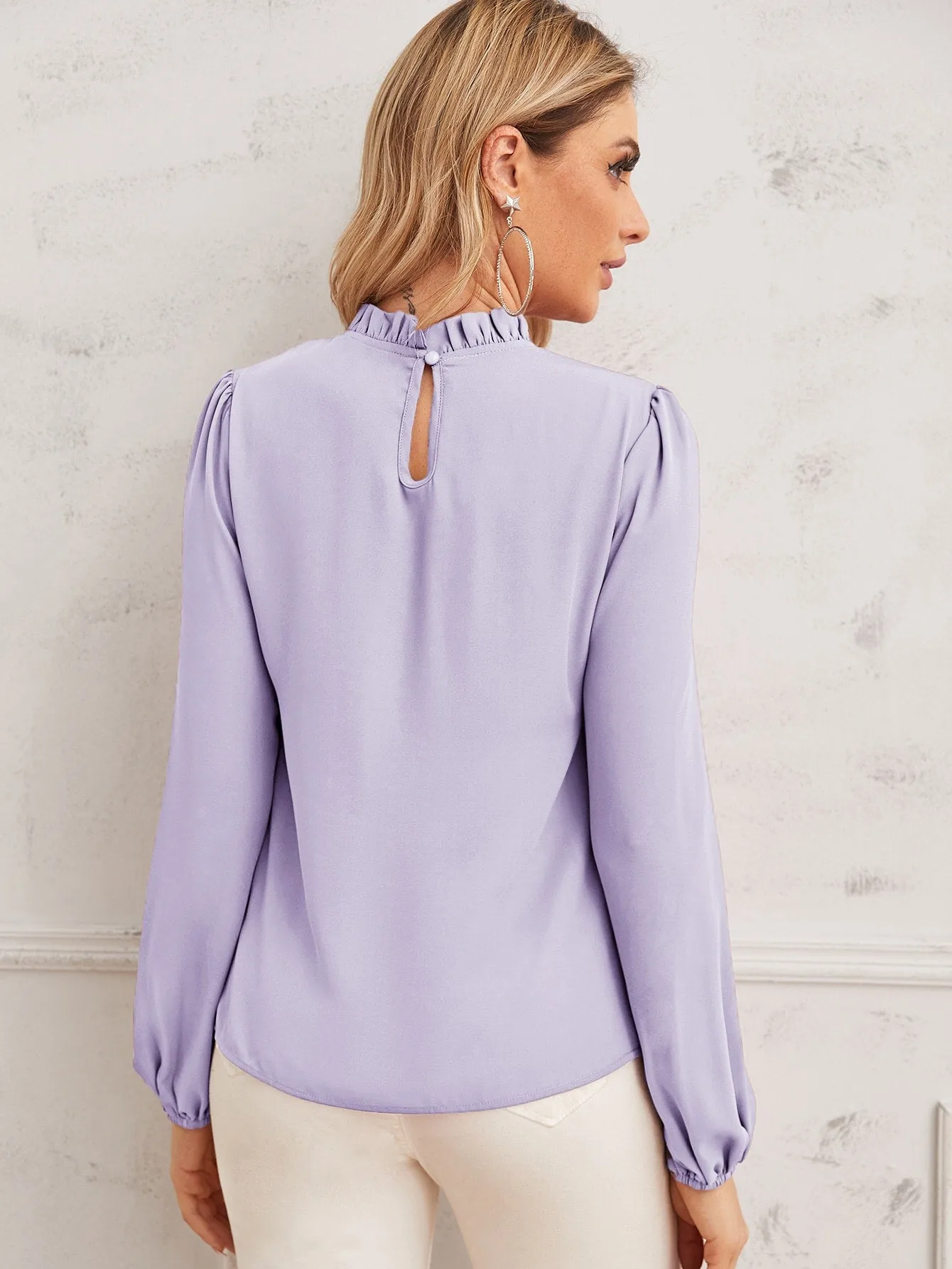 Pearl Beaded Frilled Neckline Lantern Sleeve Top