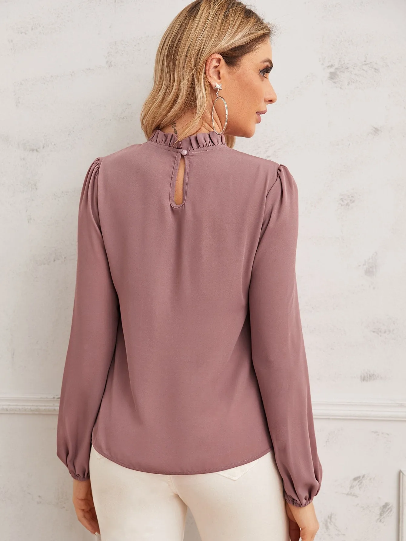 Pearl Beaded Frilled Neckline Lantern Sleeve Top