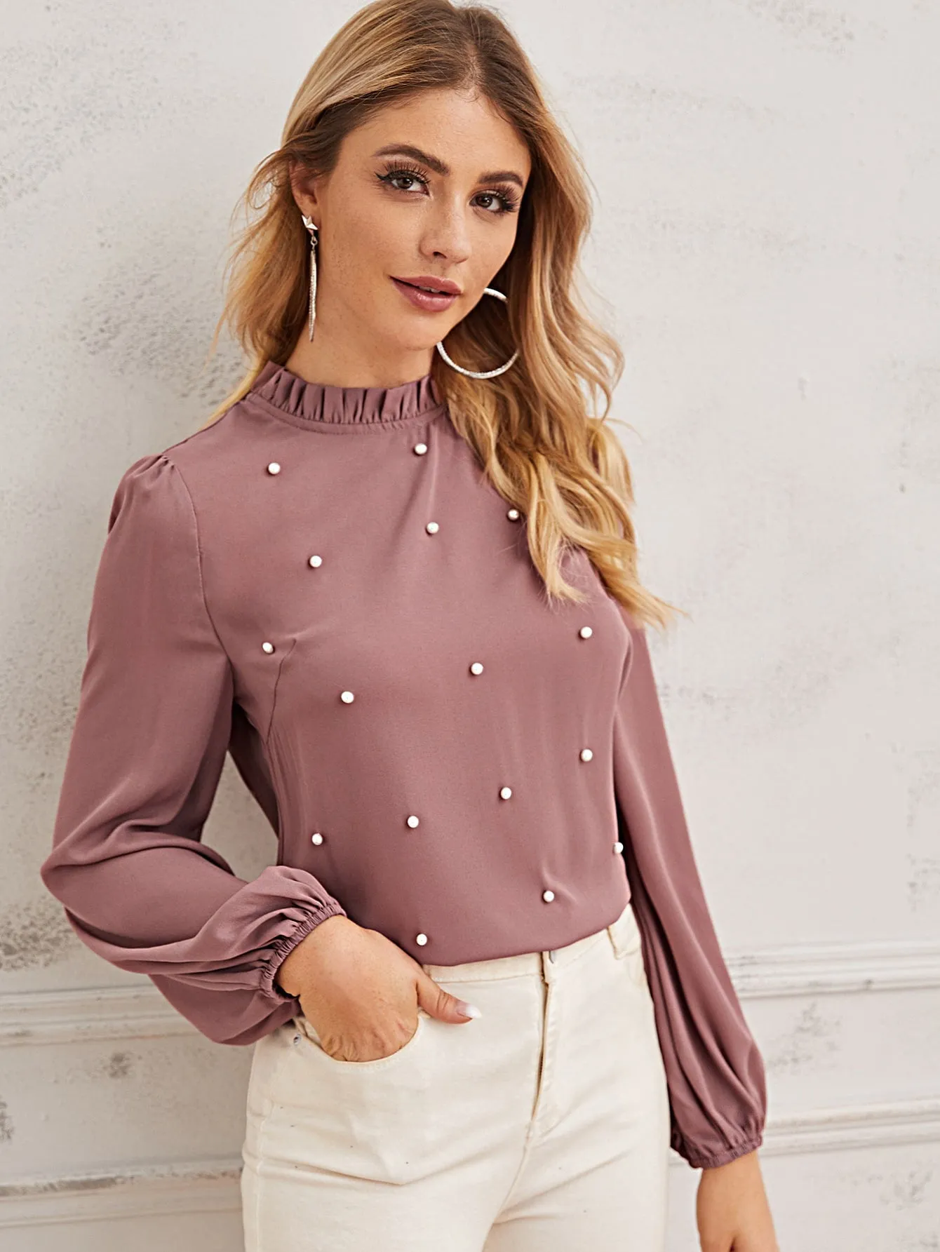 Pearl Beaded Frilled Neckline Lantern Sleeve Top