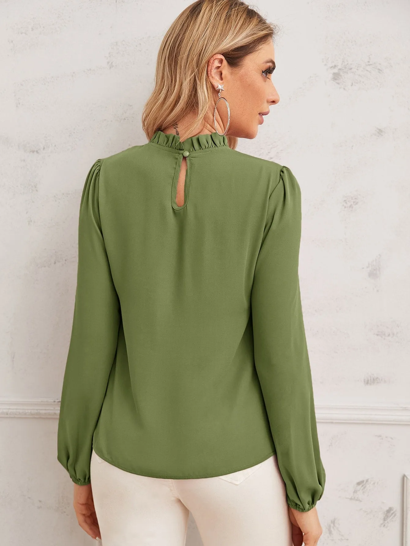 Pearl Beaded Frilled Neckline Lantern Sleeve Top