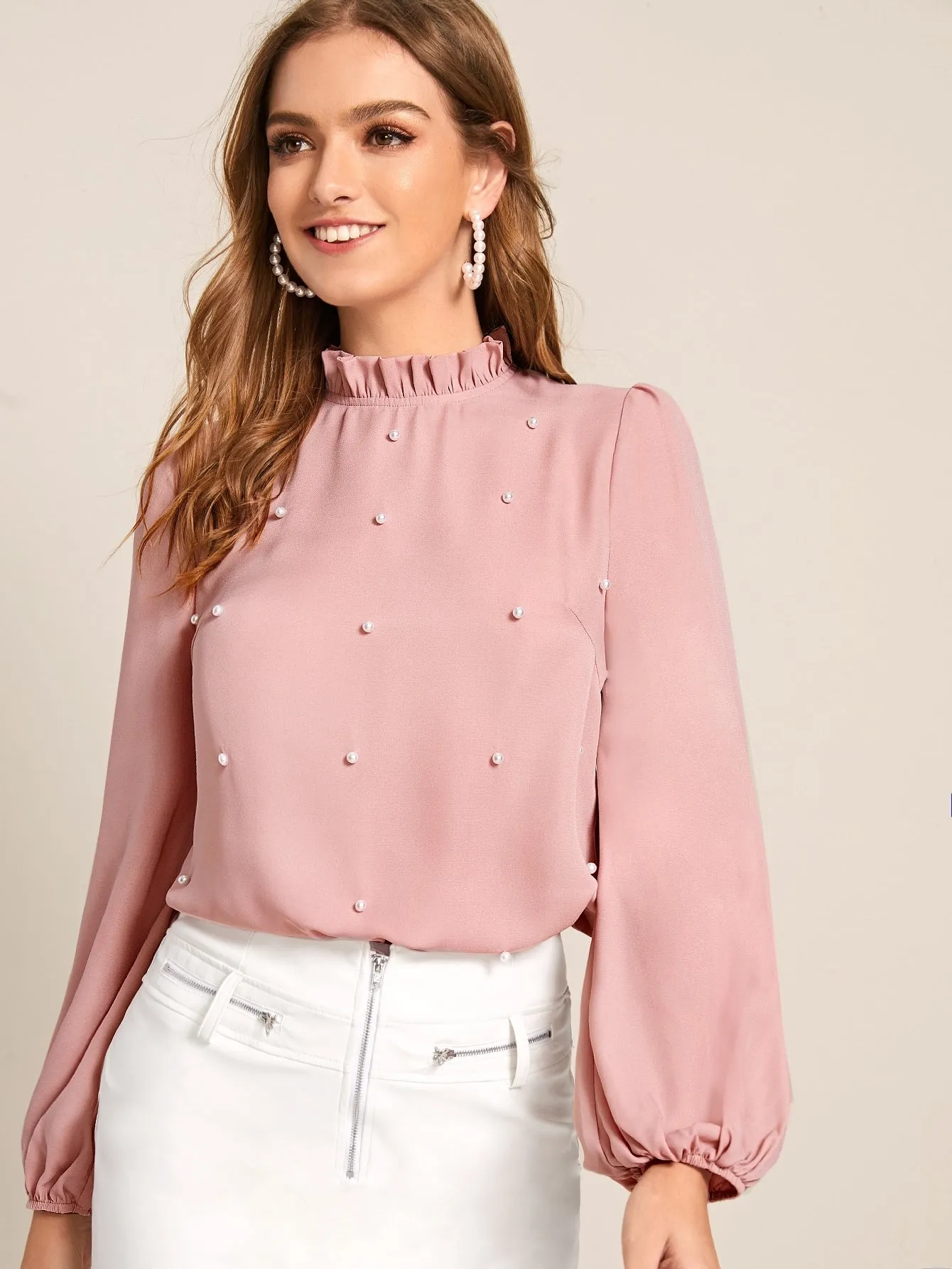 Pearl Beaded Frilled Neckline Lantern Sleeve Top