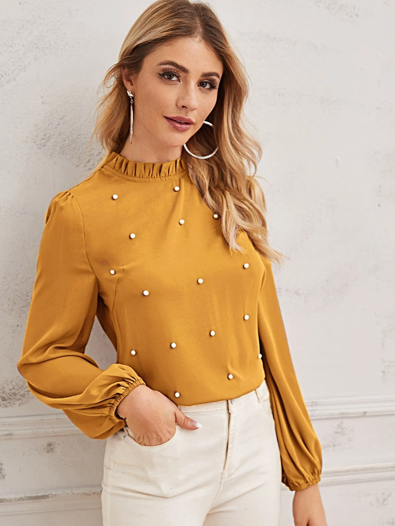 Pearl Beaded Frilled Neckline Lantern Sleeve Top