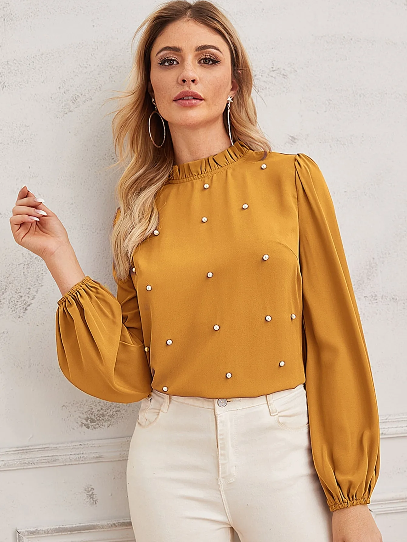 Pearl Beaded Frilled Neckline Lantern Sleeve Top