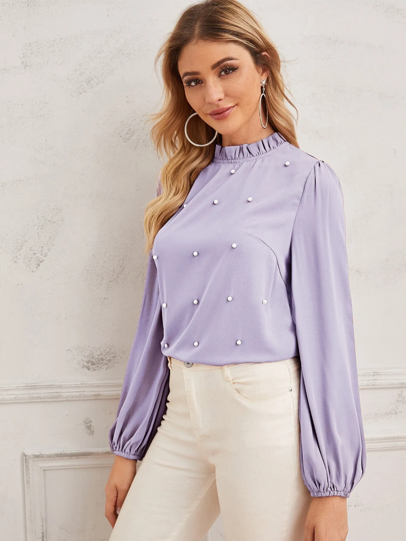 Pearl Beaded Frilled Neckline Lantern Sleeve Top