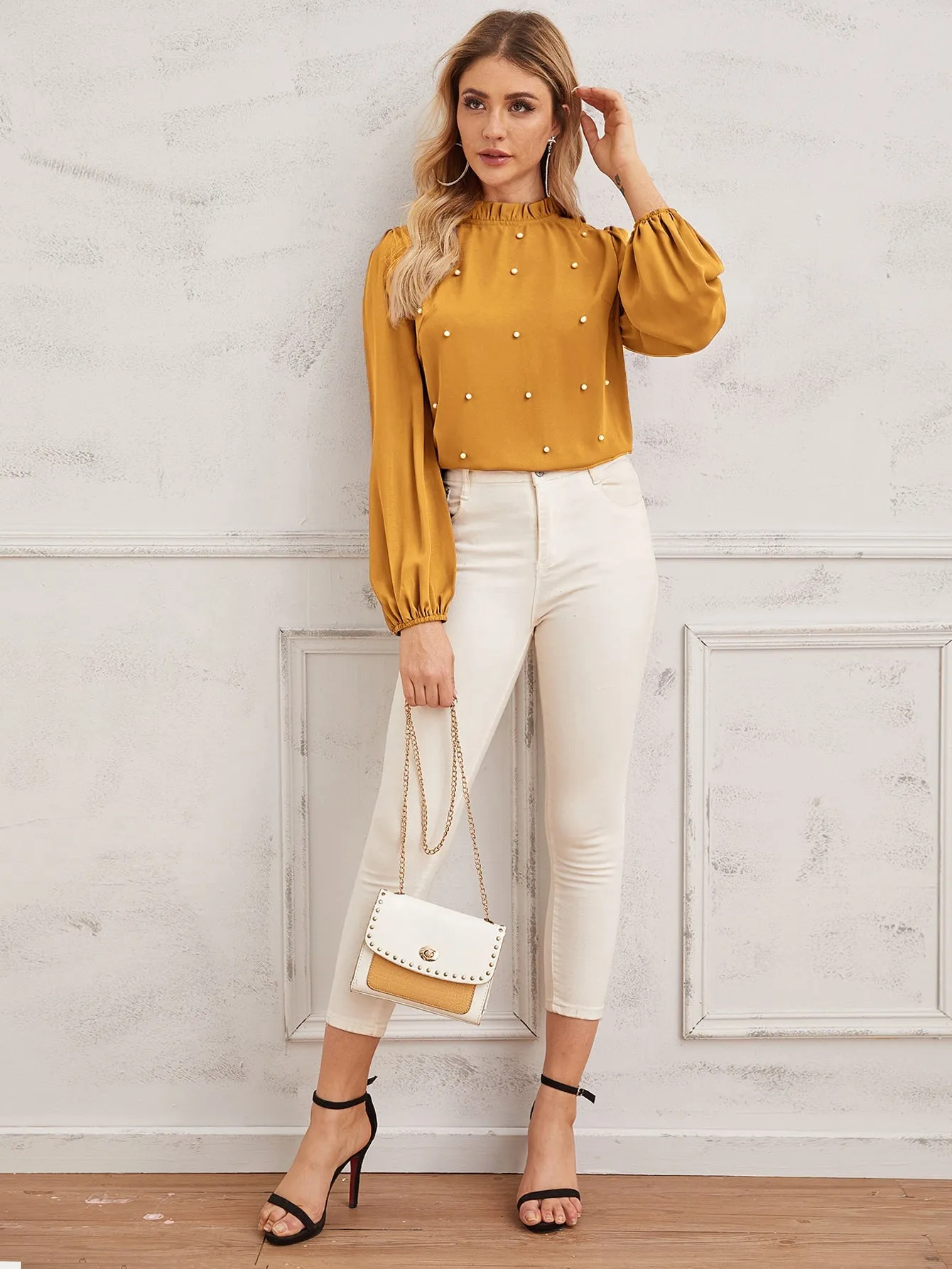 Pearl Beaded Frilled Neckline Lantern Sleeve Top
