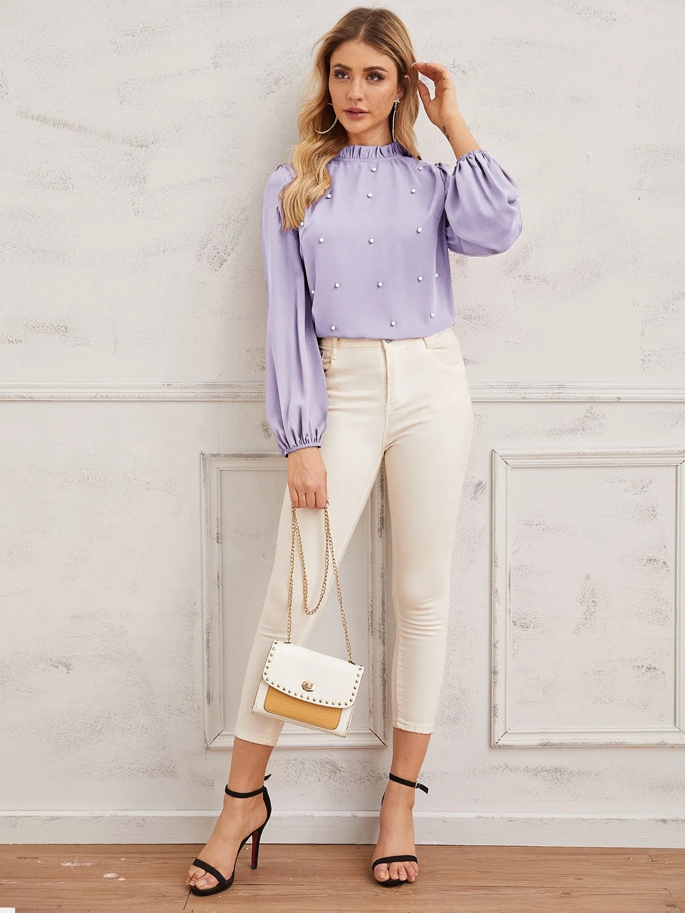 Pearl Beaded Frilled Neckline Lantern Sleeve Top
