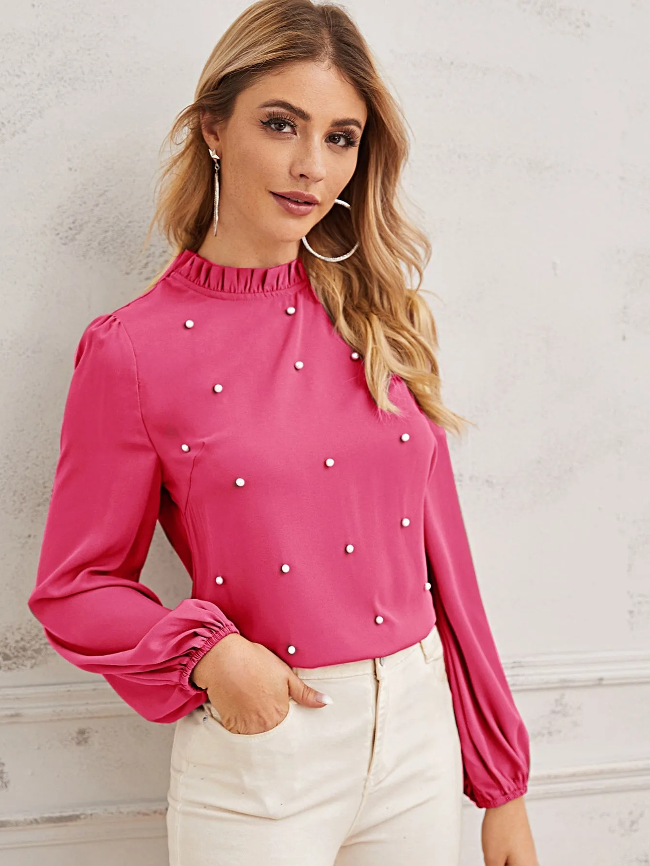 Pearl Beaded Frilled Neckline Lantern Sleeve Top