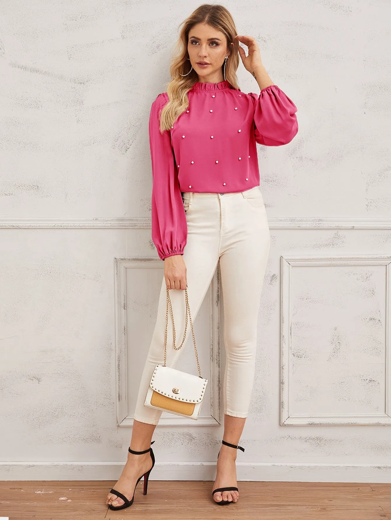 Pearl Beaded Frilled Neckline Lantern Sleeve Top
