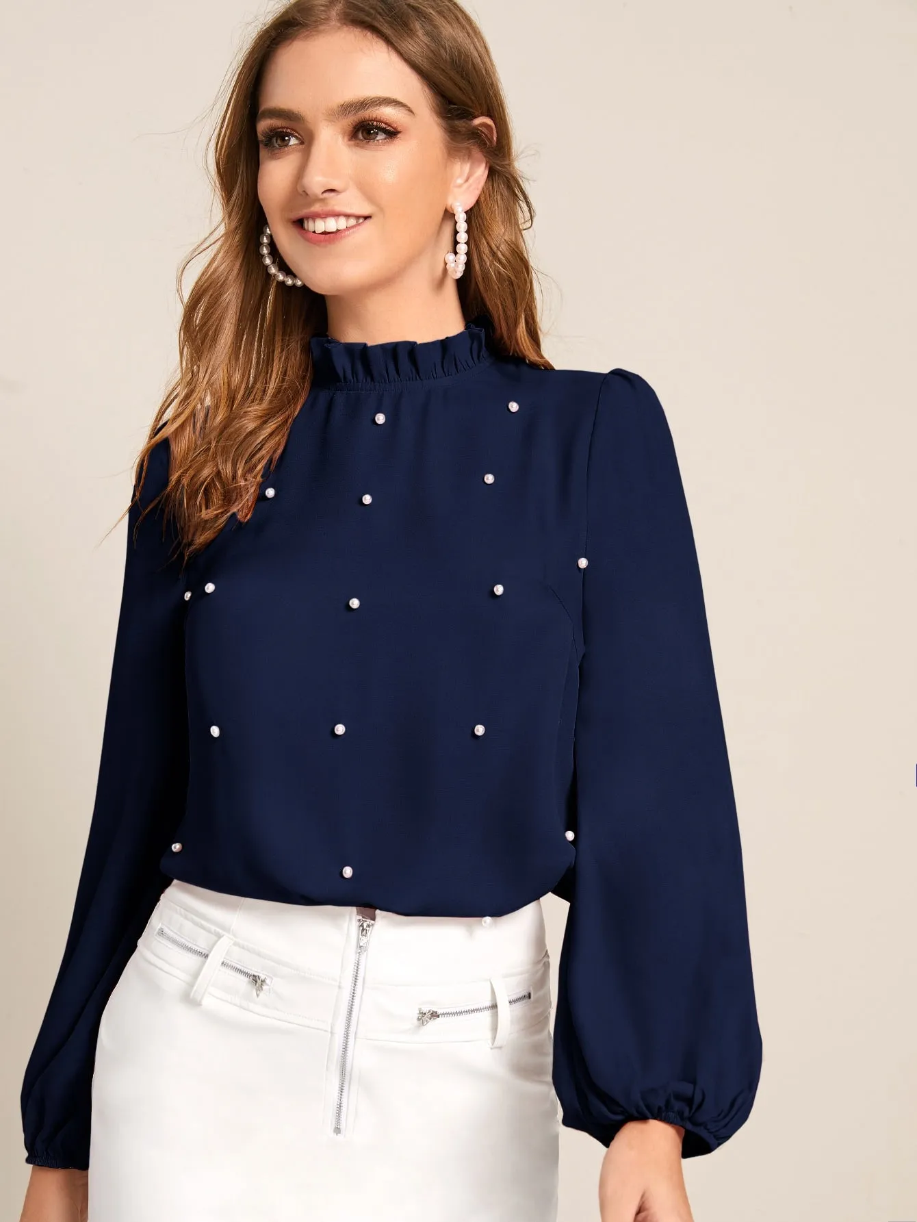 Pearl Beaded Frilled Neckline Lantern Sleeve Top