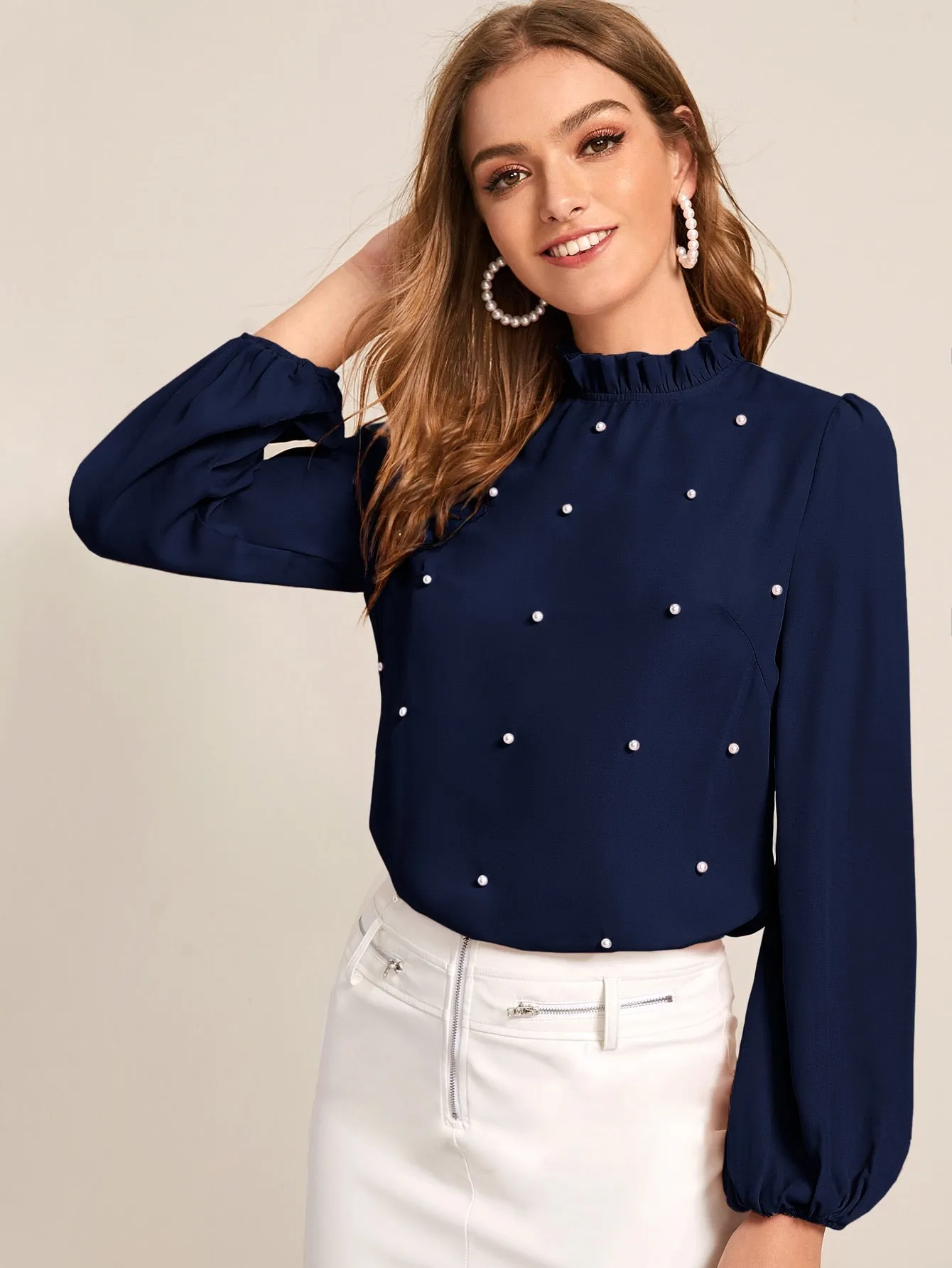 Pearl Beaded Frilled Neckline Lantern Sleeve Top