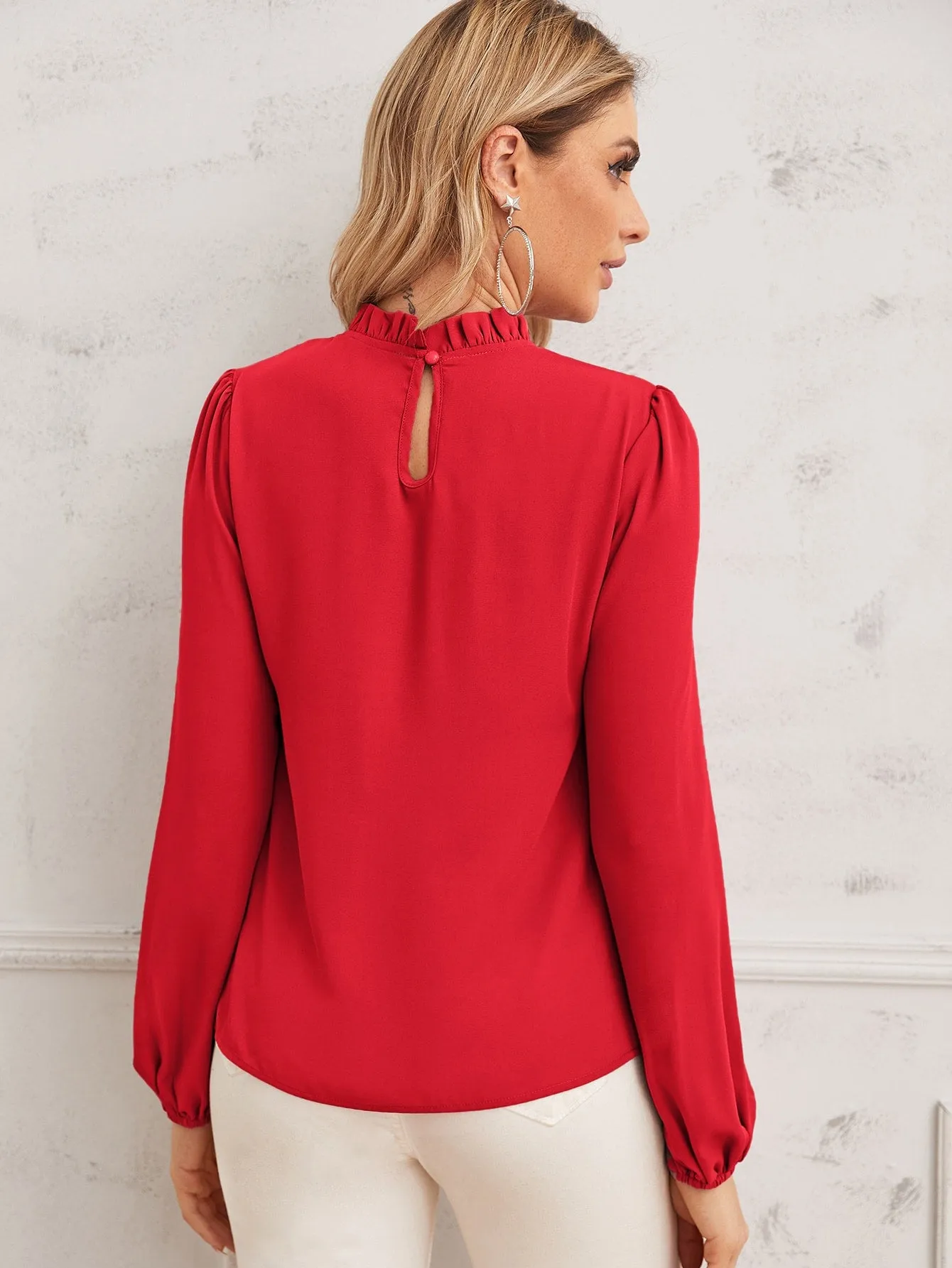 Pearl Beaded Frilled Neckline Lantern Sleeve Top