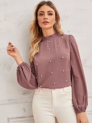 Pearl Beaded Frilled Neckline Lantern Sleeve Top