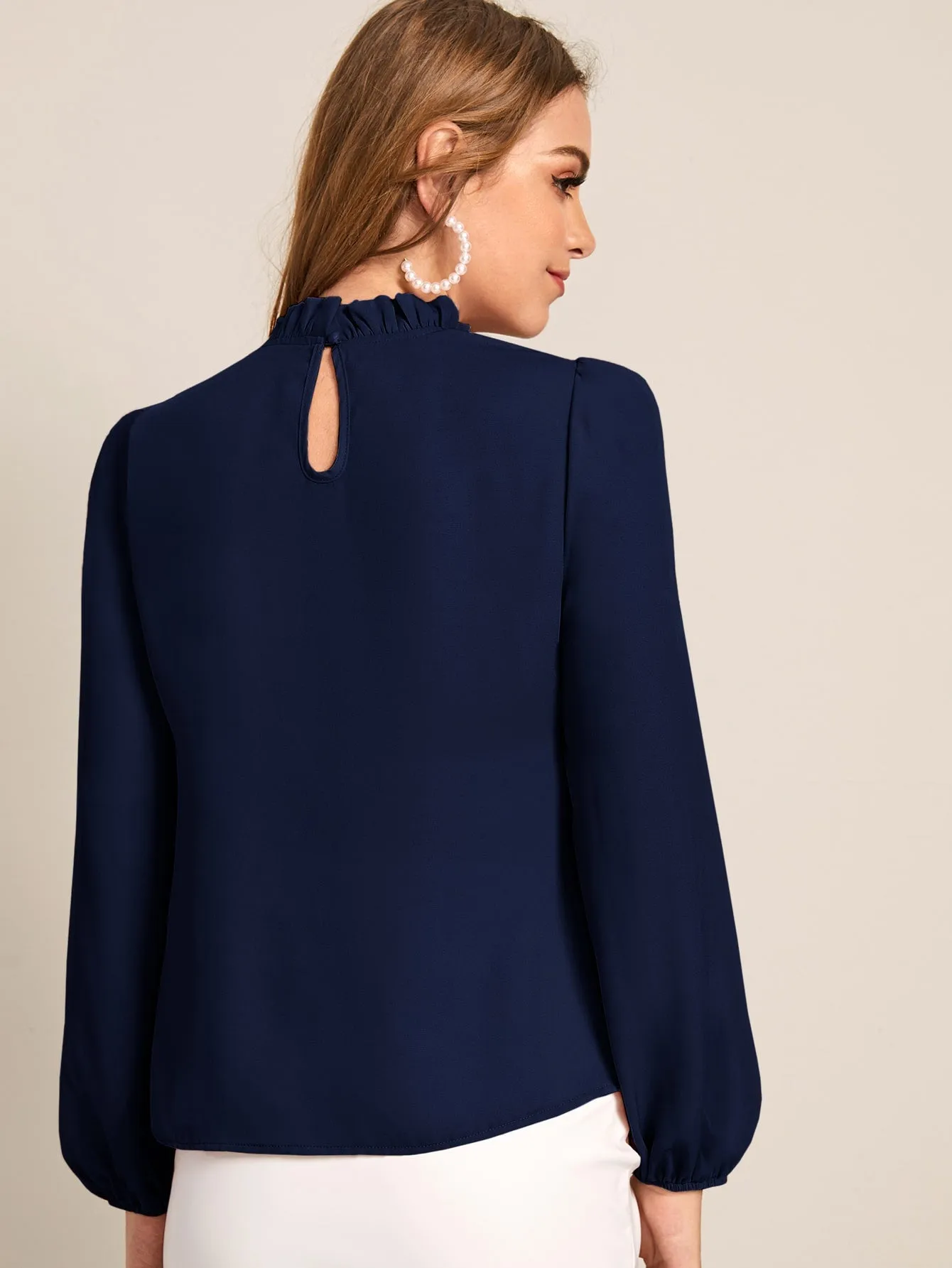 Pearl Beaded Frilled Neckline Lantern Sleeve Top