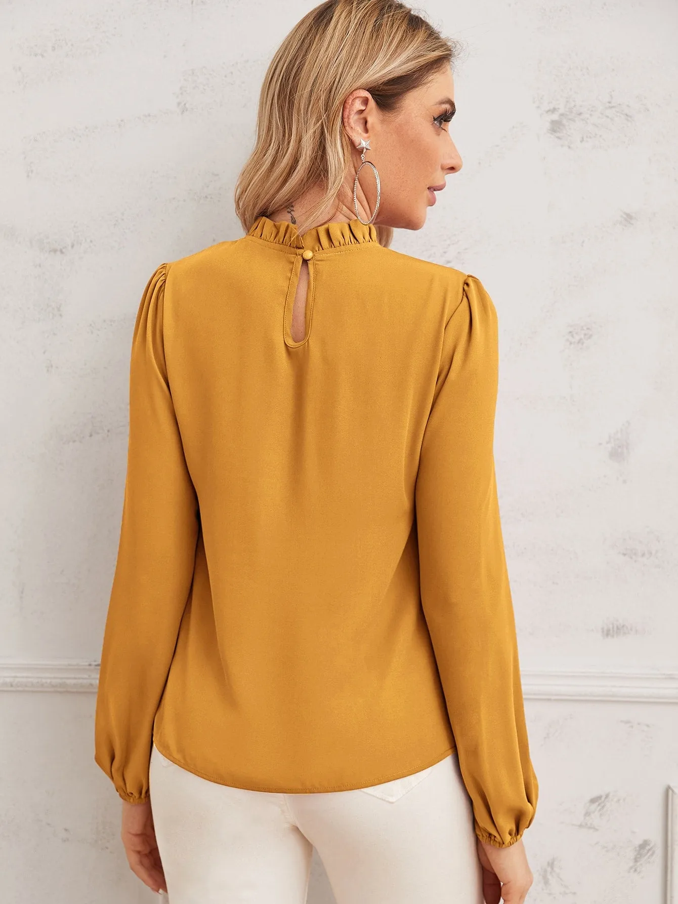 Pearl Beaded Frilled Neckline Lantern Sleeve Top