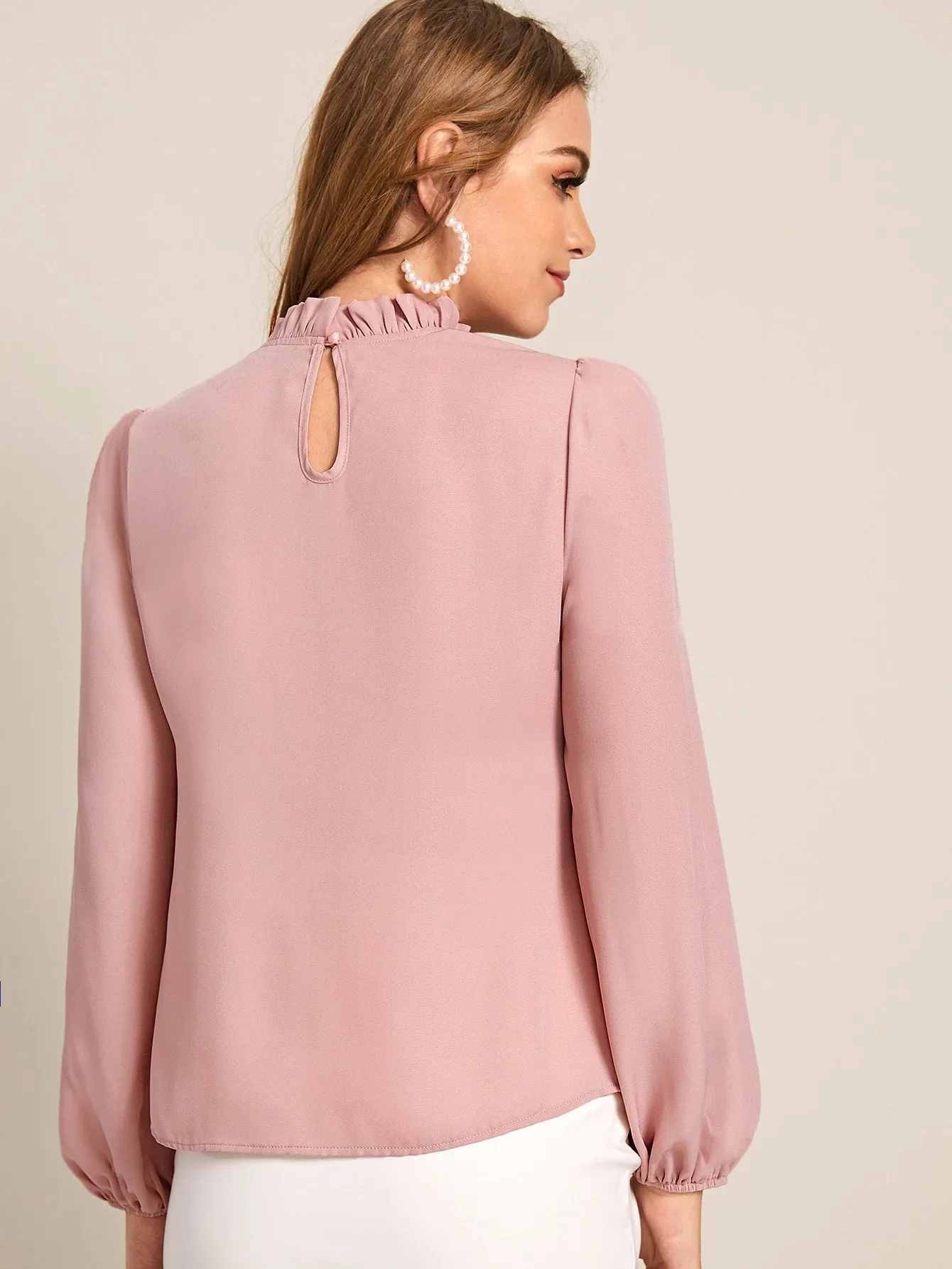 Pearl Beaded Frilled Neckline Lantern Sleeve Top
