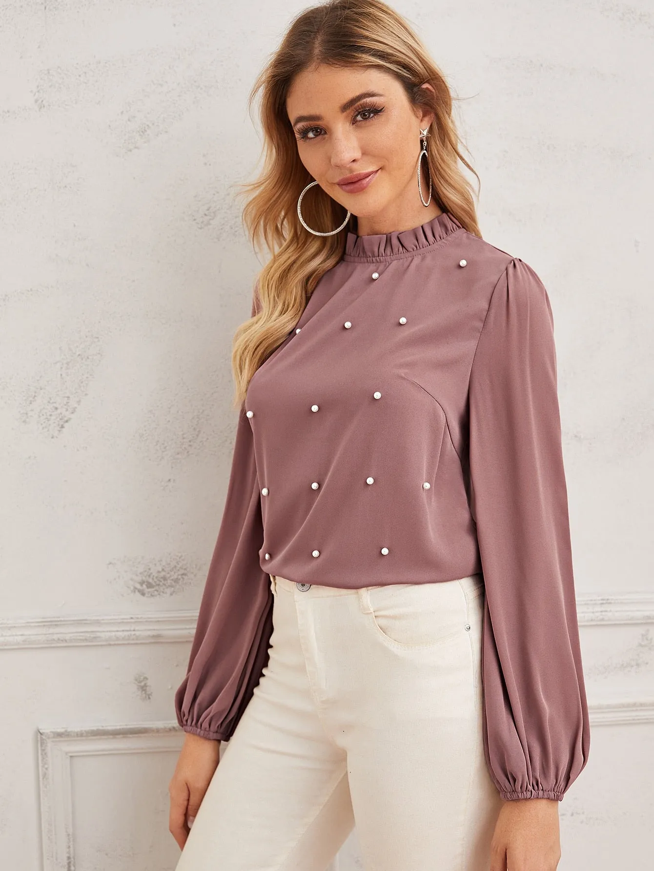 Pearl Beaded Frilled Neckline Lantern Sleeve Top