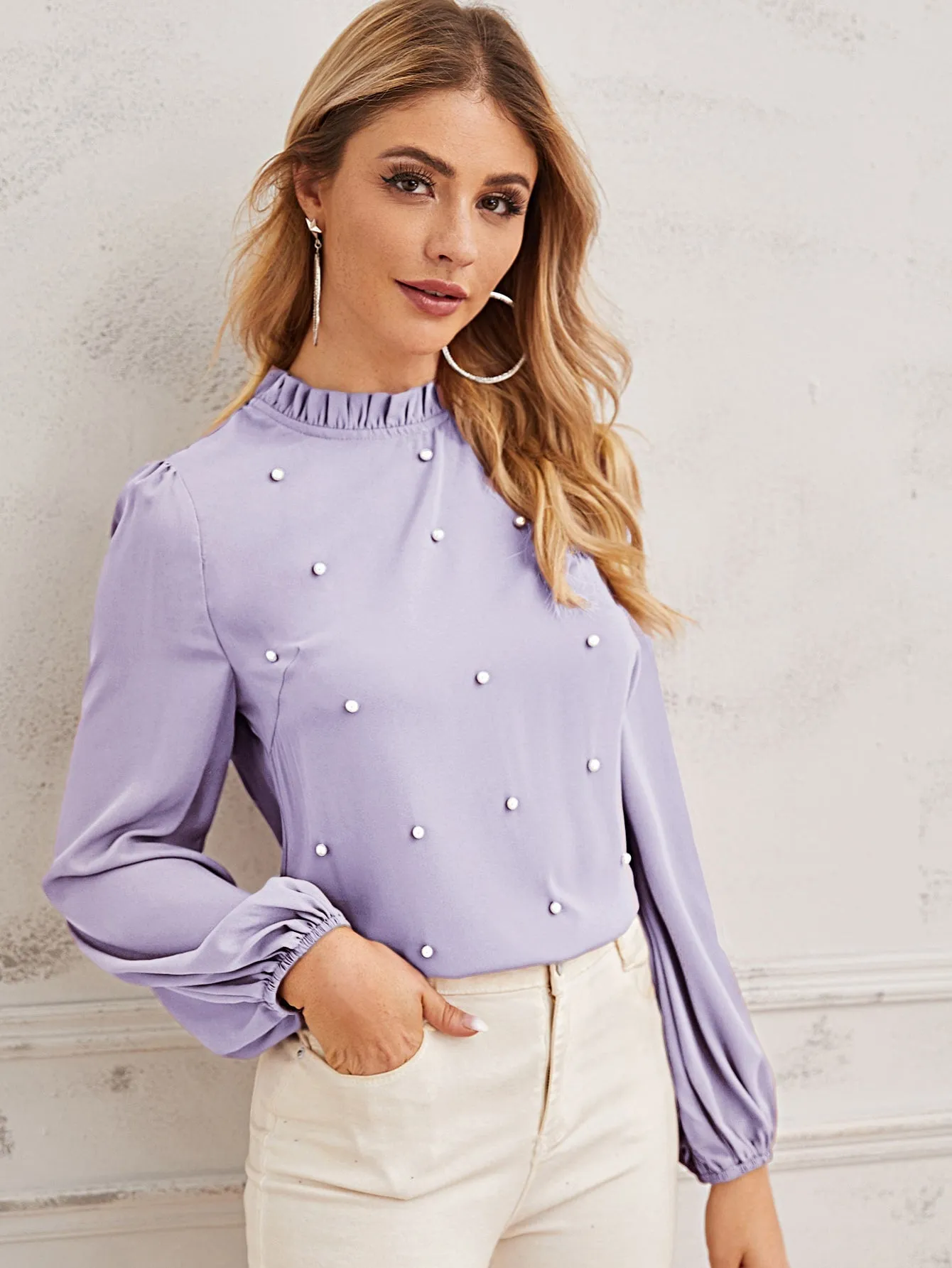 Pearl Beaded Frilled Neckline Lantern Sleeve Top