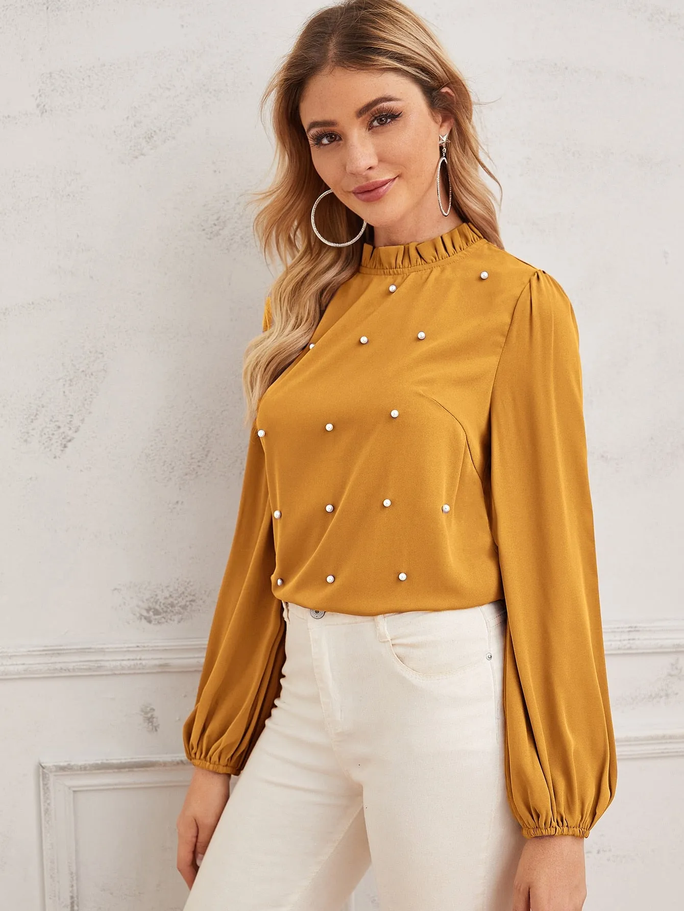 Pearl Beaded Frilled Neckline Lantern Sleeve Top