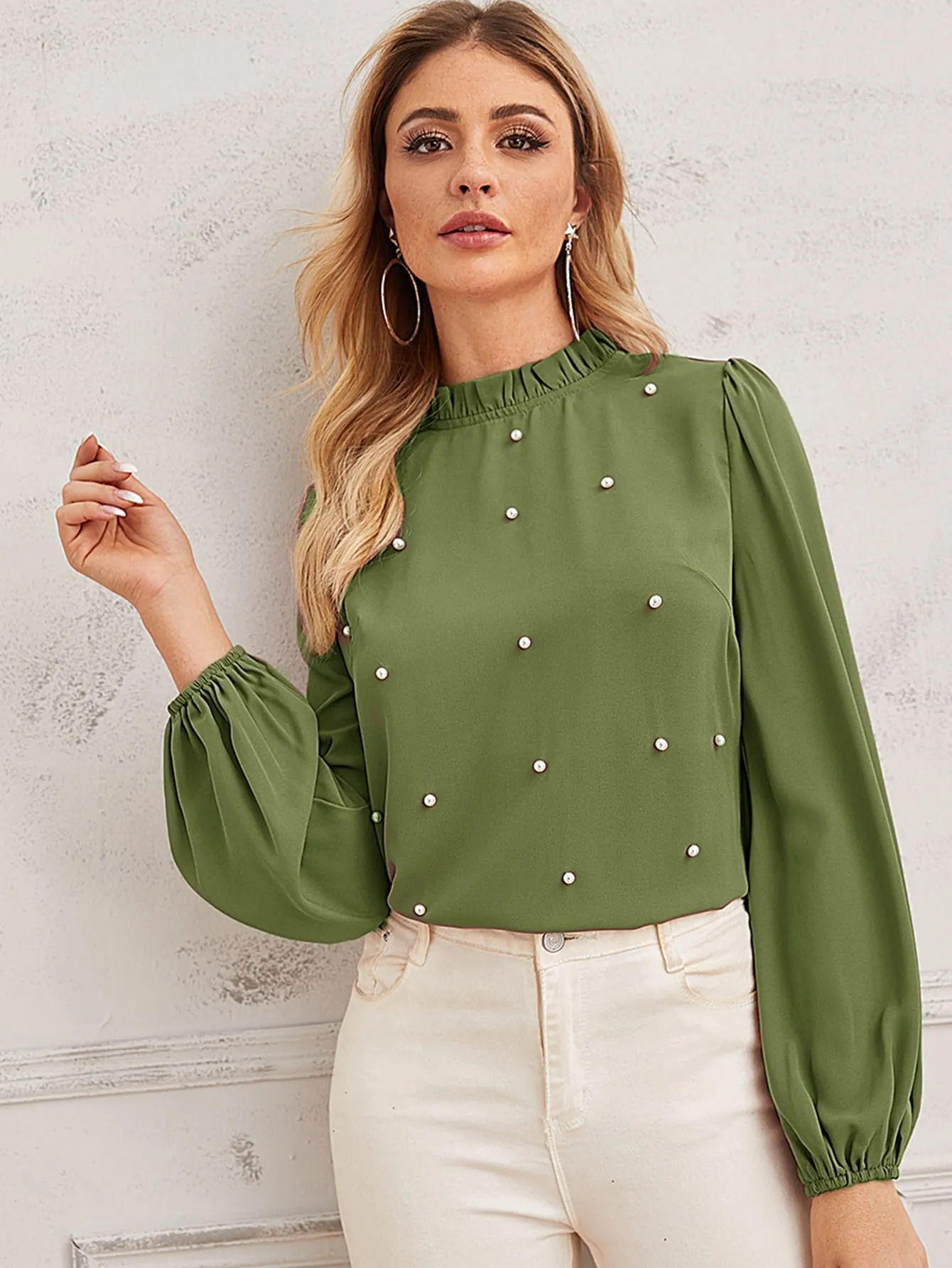 Pearl Beaded Frilled Neckline Lantern Sleeve Top